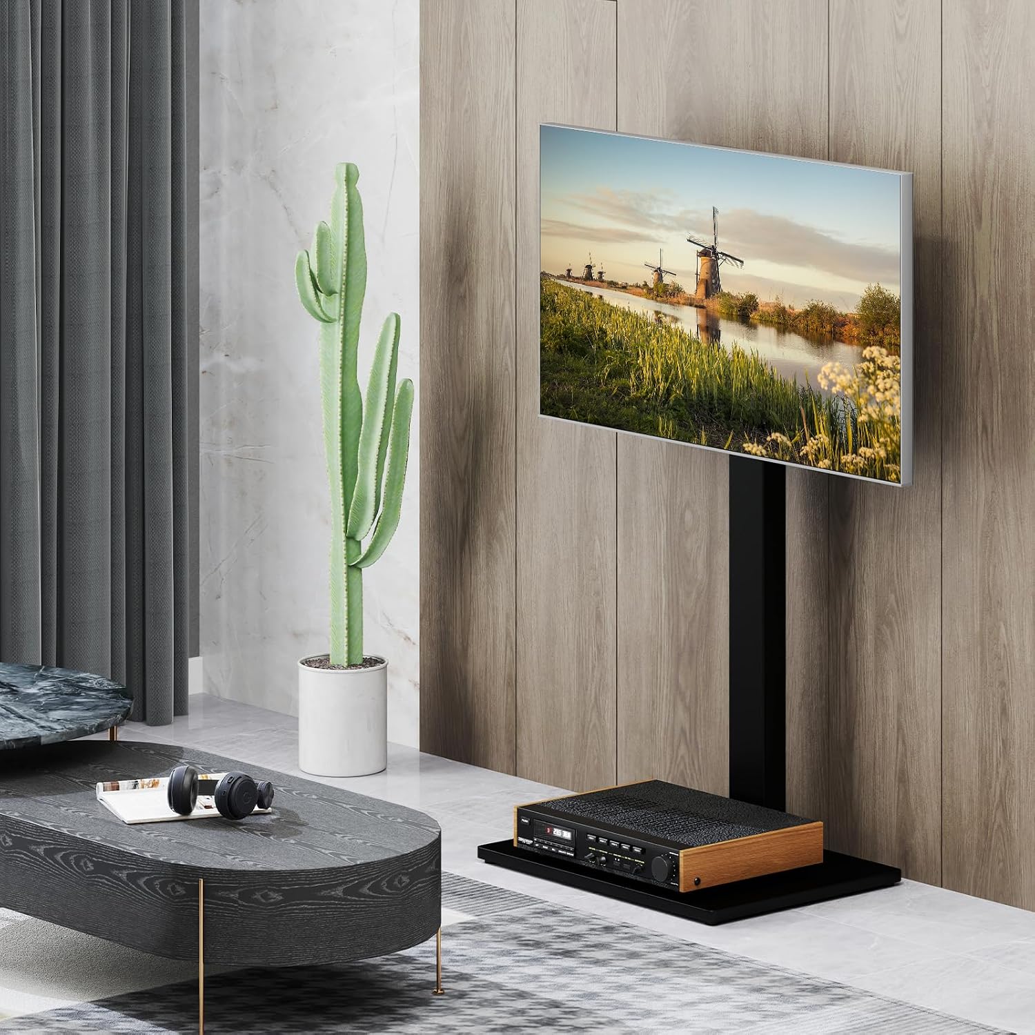 Goplus Universal TV Stand Table Top for 32-70 Inch TVs up to 110 lbs, Height Adjustable TV Mount Stand/Base with AV Shelf, for Living Room, Bedroom, Office, Max VESA 600 x 400 mm, Black