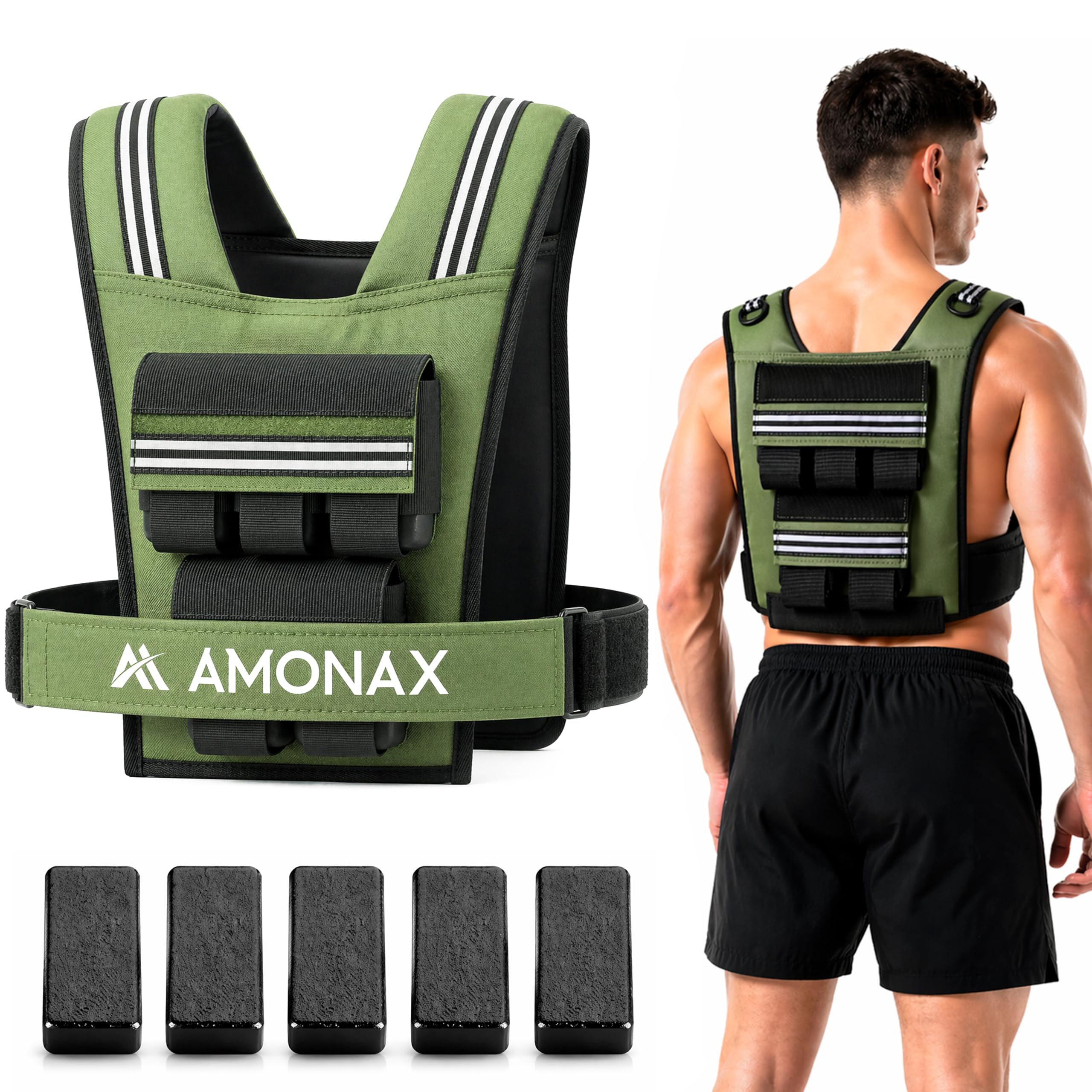 Amonax Weighted Vest for Women and Men, 10kg/20kg/30kg Adjustable Weight Vests with Reflective for Fitness Workout, Weighted Running Vest for Walking, Home Gym Strength (Green - 10kg)