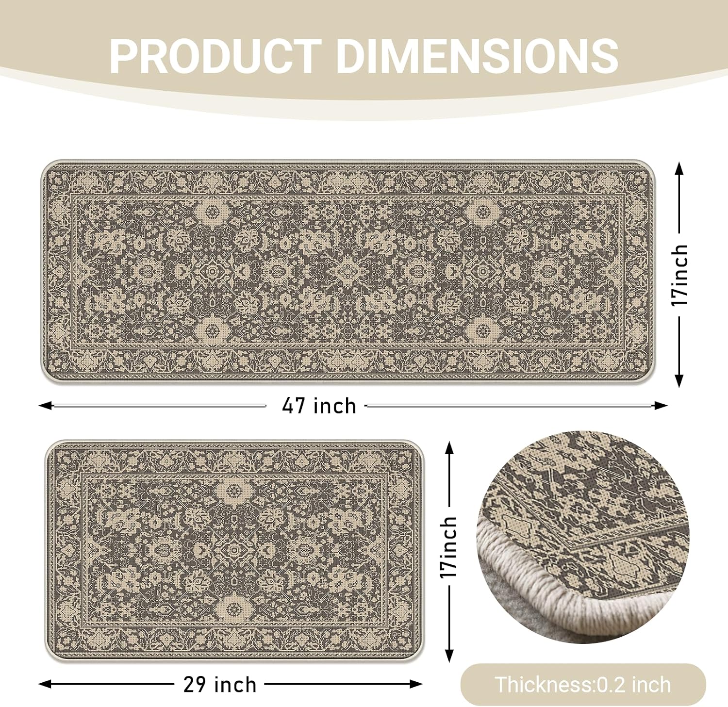 Boho Vintage Floral Kitchen Rugs Set of 2, Retro Antique Brown Beige Flower Geometric Floor Mats Home Decor, Farmhouse Door Mat Decorations - 17x29 and 17x47 Inches