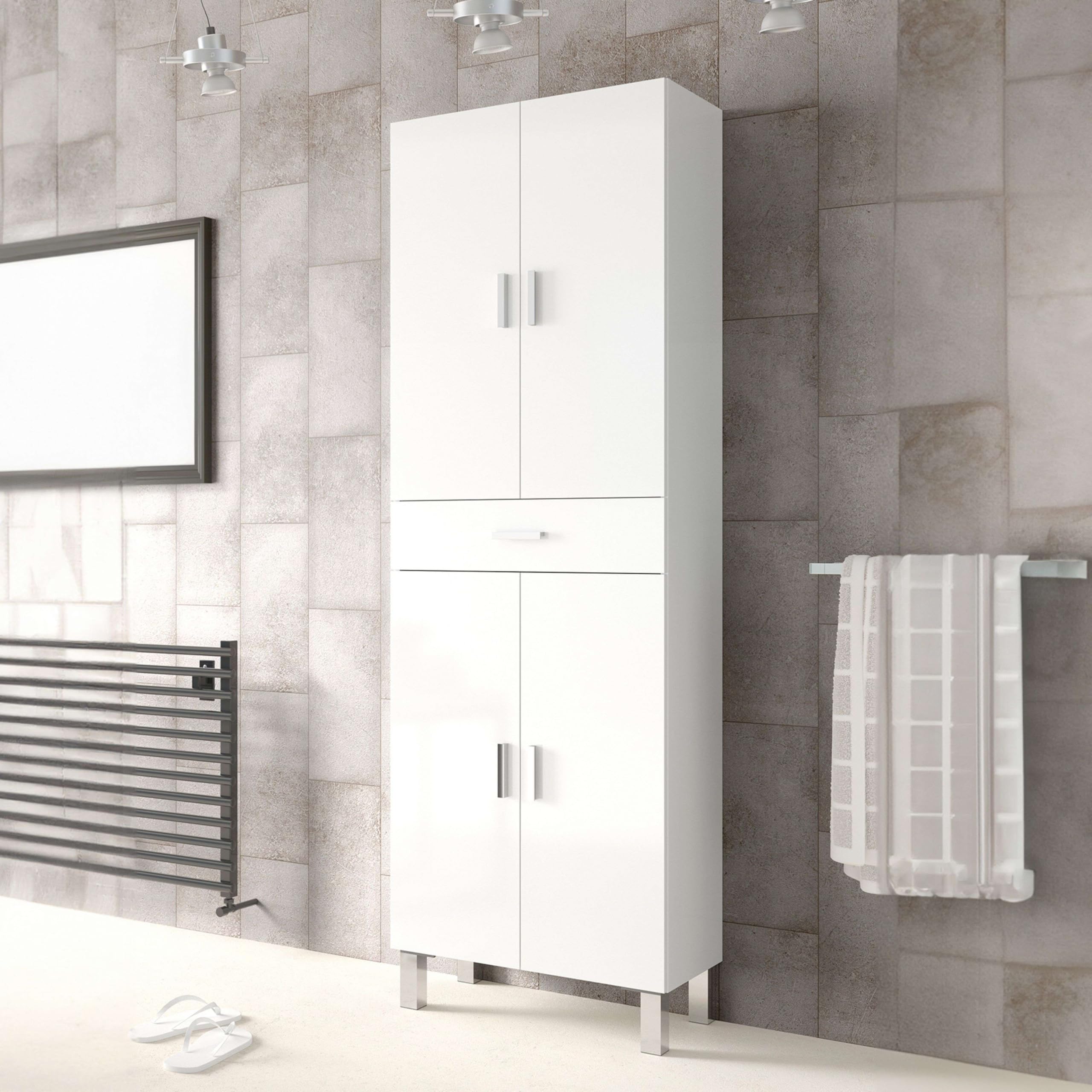 Miroytengo Mueble Auxiliar de Baño Galatea Blanco Brillo 60x182 cm Columna de Baño 4 Puertas, 1 Cajón y Estantes Regulables