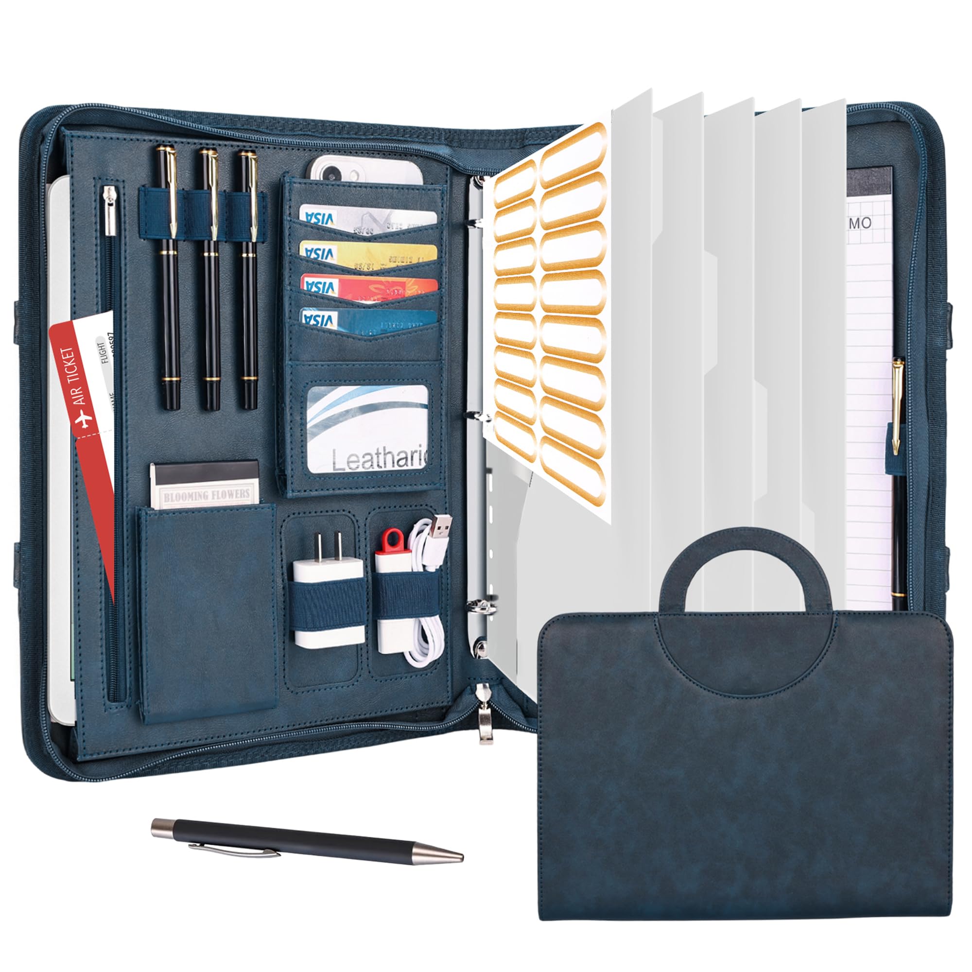 Leathario Portfolio Binder, Includes 5 Folder Index Dividers, 13 Inch Tablets Organizer with Handle, Vegan Leather A4 Padfolio, Multi-Pocket Notepad Business Planner Professional Document