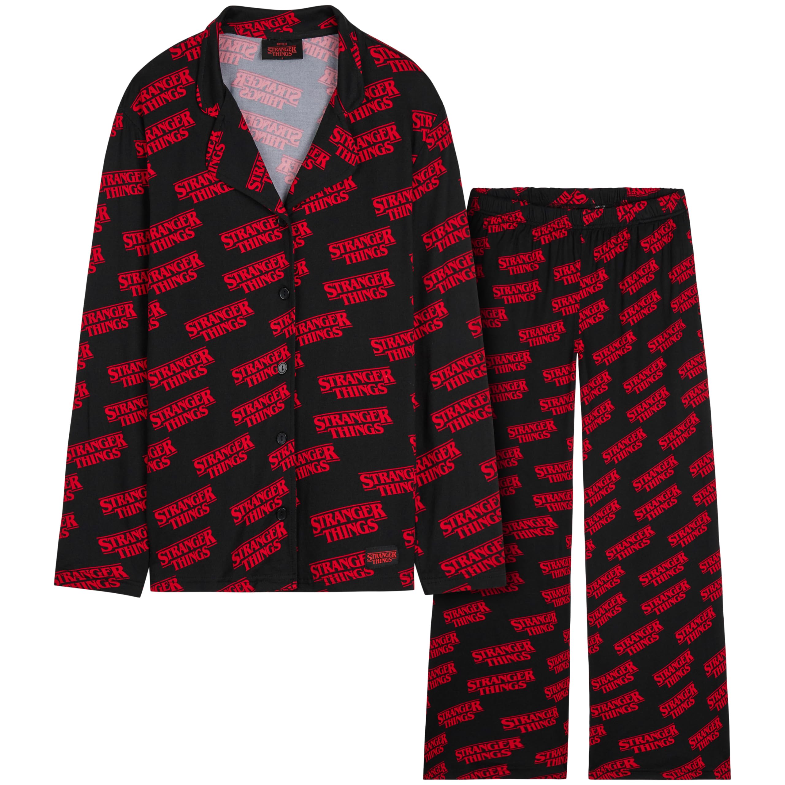 Get Trend Stranger Things Pyjamas for Women Teens Girls, Ladies PJ Set Button Down Shirt & Matching Bottoms, Gifts for Her (XL, Black Stranger Things)