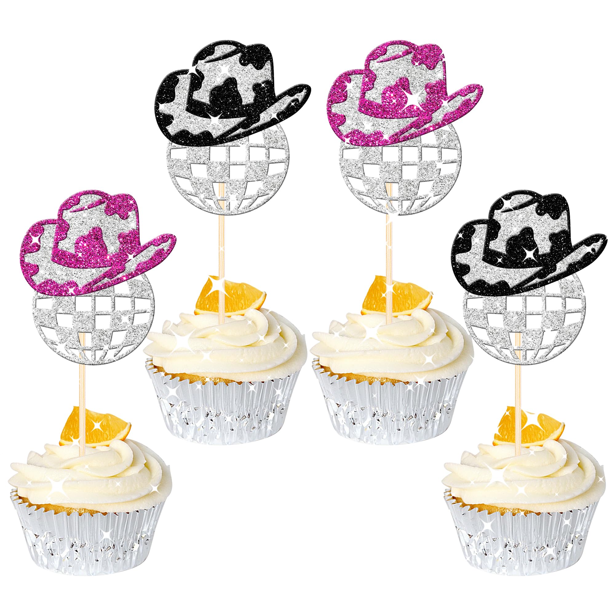 24 PCS Glitter Western Cowboy & Cowgirl Hat Cupcake Toppers - Disco Ball Picks for 70s Disco Music Theme Party Supplies