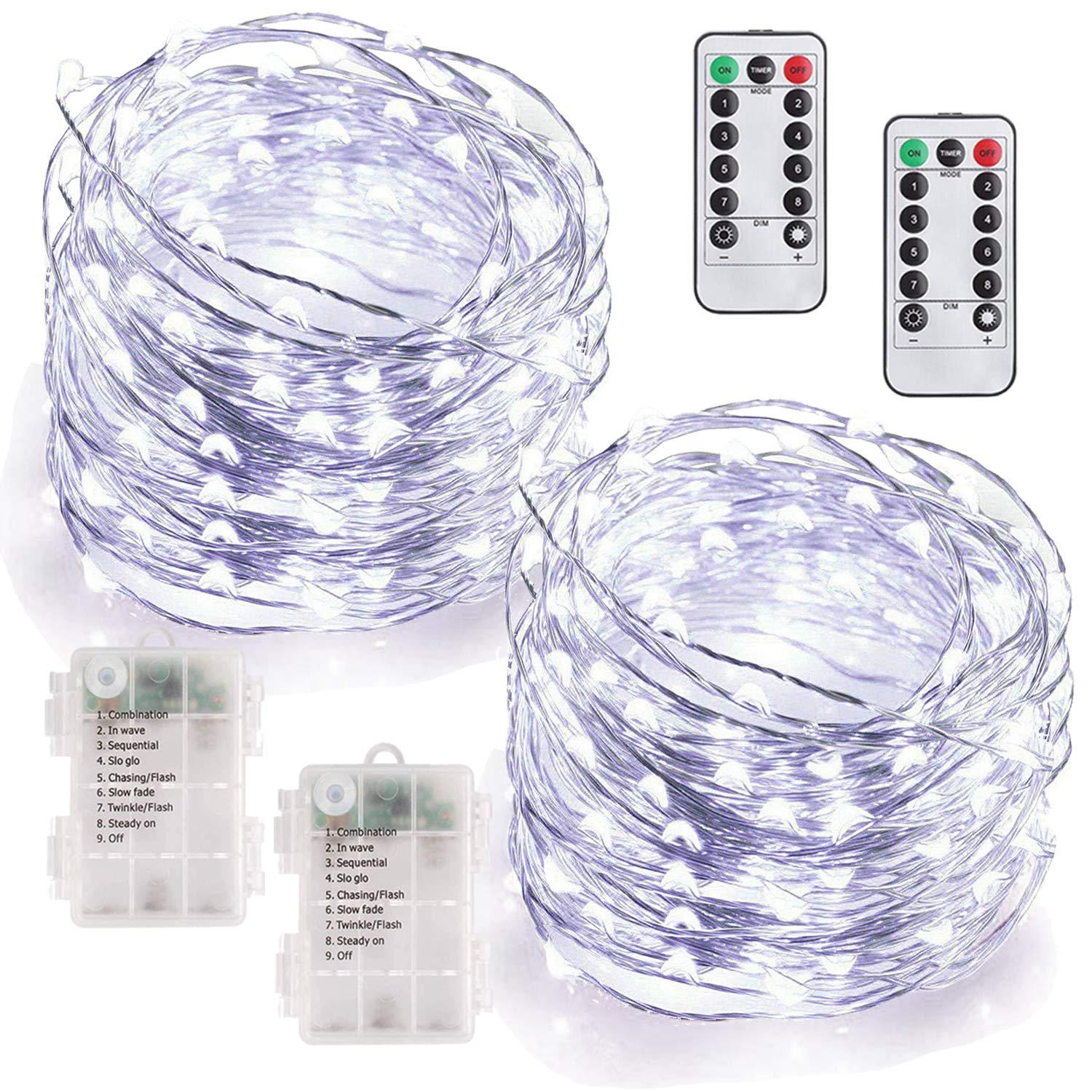 mumuxi 2 pack 33ft remote control fairy lights battery operated string lights with timer, 100 twinkle led for outdoor, waterproof silver wire firefly lights, cool white