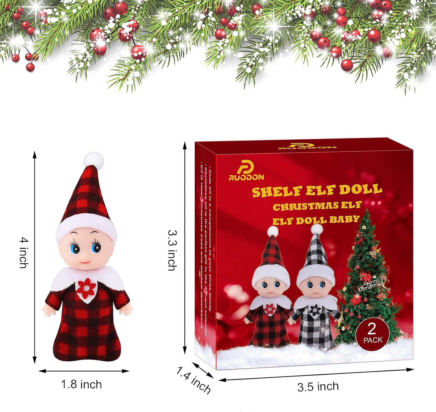 RUODON 2 Pack Elf Twins Christmas Elf Doll Shelf Doll Elf Tiny Elf Boy Baby Girl for Christmas New Year Decoration Gift and Advent Calendars Xmas Stocking Stuffers (Plaid Red Black, Plaid Black White)