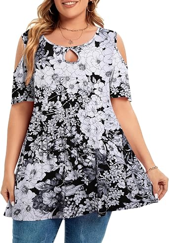 Cold Shoulder Tops for Women Plus Size Short Sleeve Tunic Shirts | Ruffle Short Sleeve, Plus Size Summer Tops, Sexy Tops, Swing Flowy Loose, Summer Outfit, Keyhole Neck, Casual Blouse Clothes