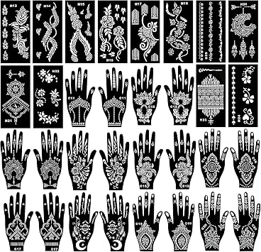 Kotbs Henna Tattoo Stencils Kit, 12-Sheet Flower Henna Stencils for Hand Forearm Leg Body Glitter Airbrush DIY and 20-Sheet Henna Stencils for Hands Reusable