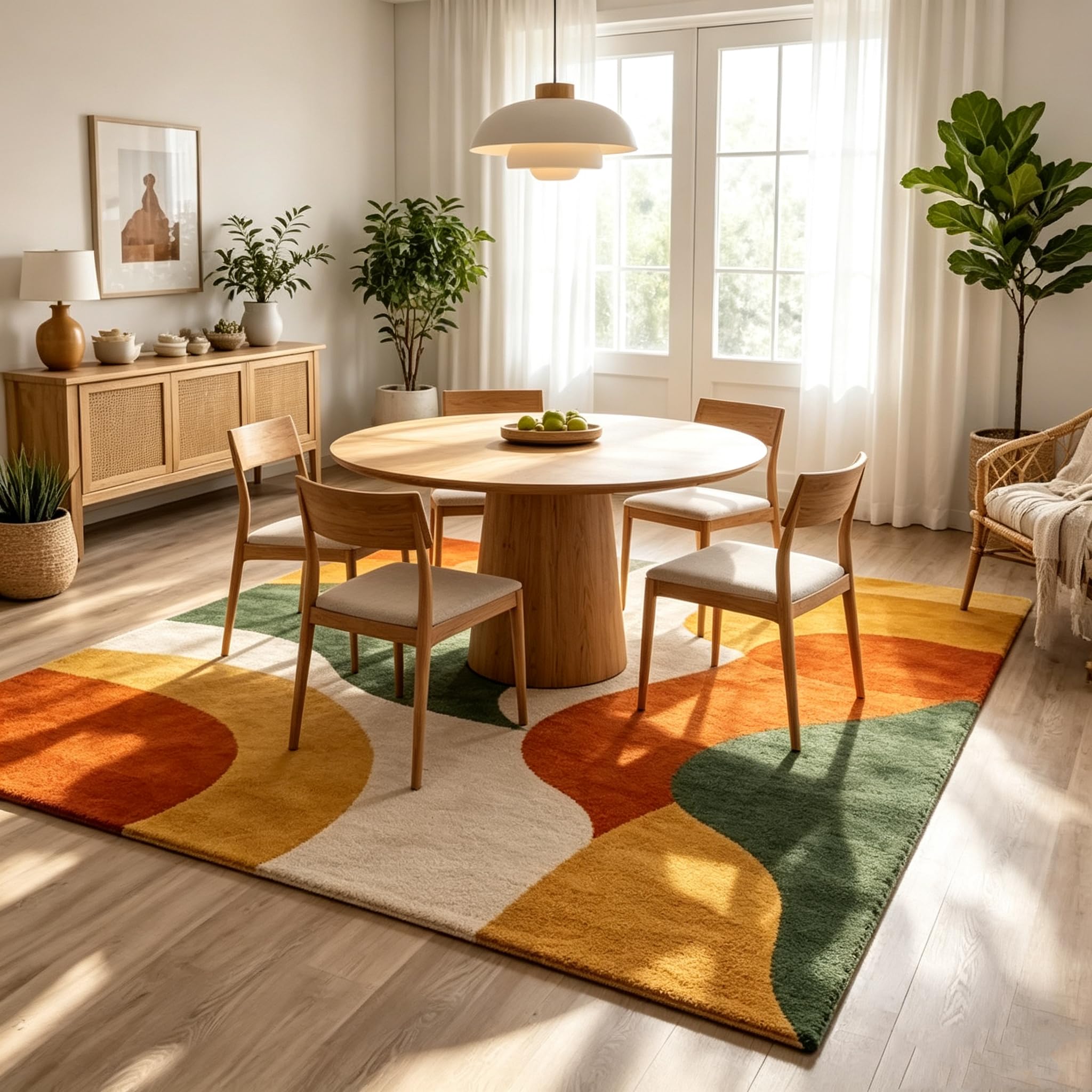 Tapis géométrique Moderne Lavable 120 x 140 cm, Motif Abstrait coloré, Tapis de Sol antidérapant pour Salon, Chambre, Bureau ou Salle à Manger. Fin.