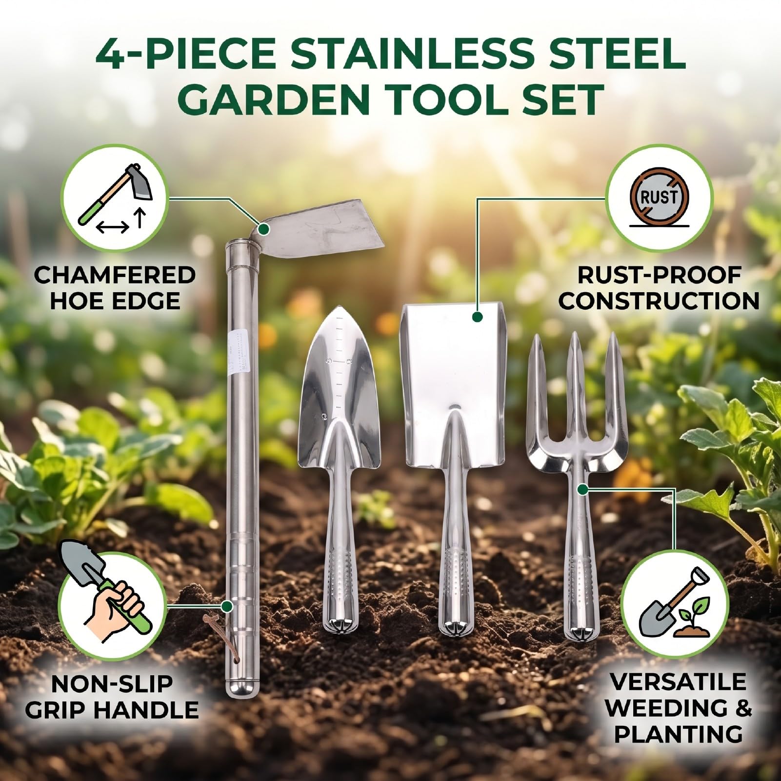 Garosa Set di 4 Attrezzi da Giardino in Acciaio Inossidabile con Manici Ergonomici Antiscivolo per Scavare, Diserbare, Piantare, Coltivare