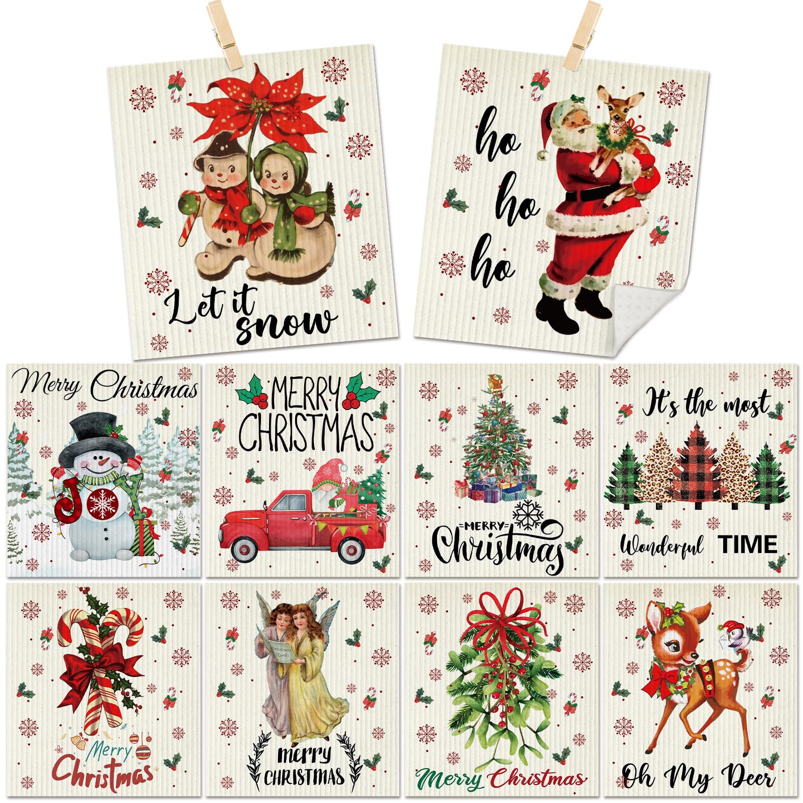 10 Pieces Christmas Swedish Kitchen Table Dishcloths Christmas Vintage Absorbent Cleaning Cloth Reusable Christmas Dish Towels Fast Dry Kitchen Dishcloth with Vintage Santa Claus Reindeer Snowman