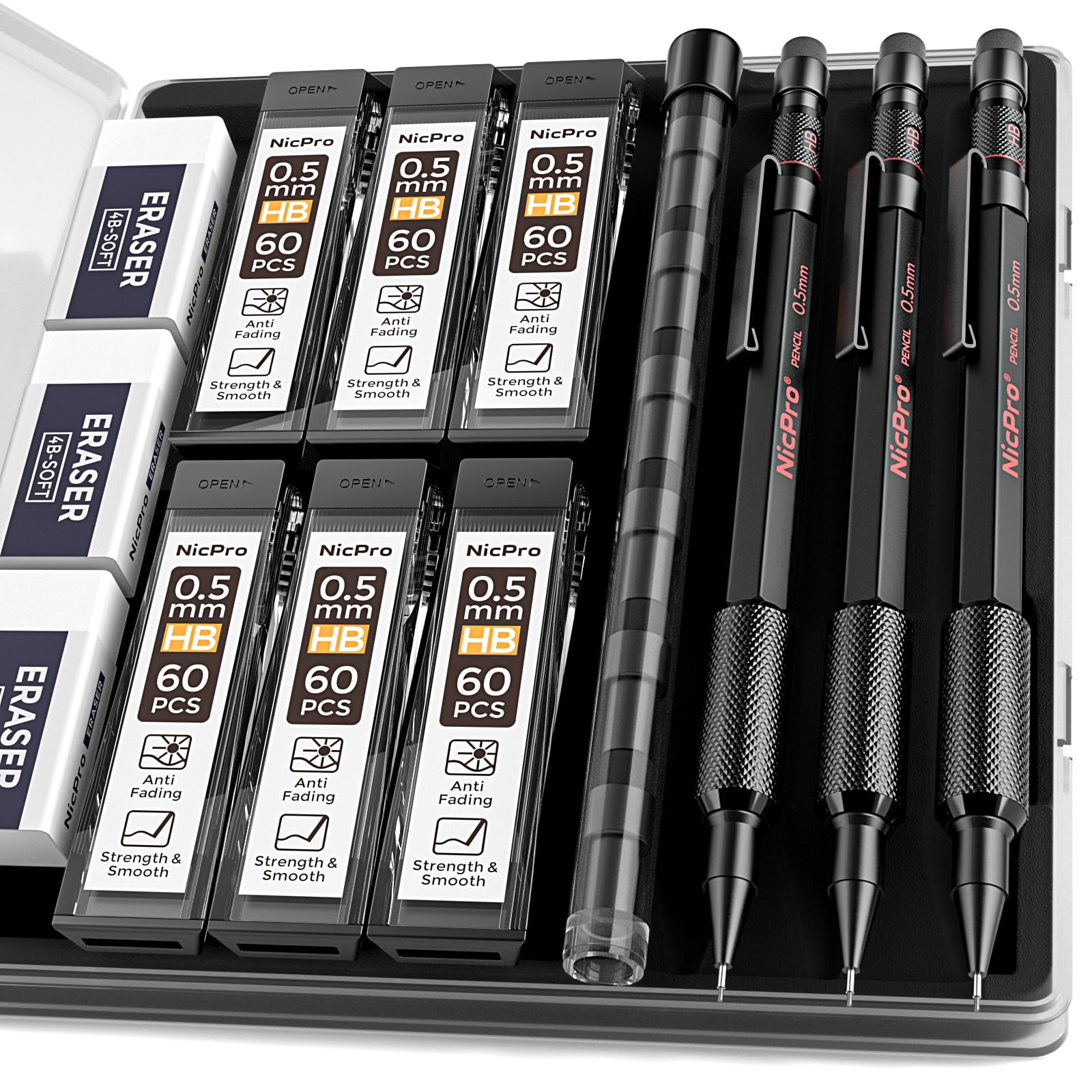 Nicpro 0.5 mm Mechanical Pencil Set with Case, 3PCS MP2000 Metal Artist Mechanical Pencil With 6 Tube HB Lead Refills, Eraser, Weatherproof Barrel for