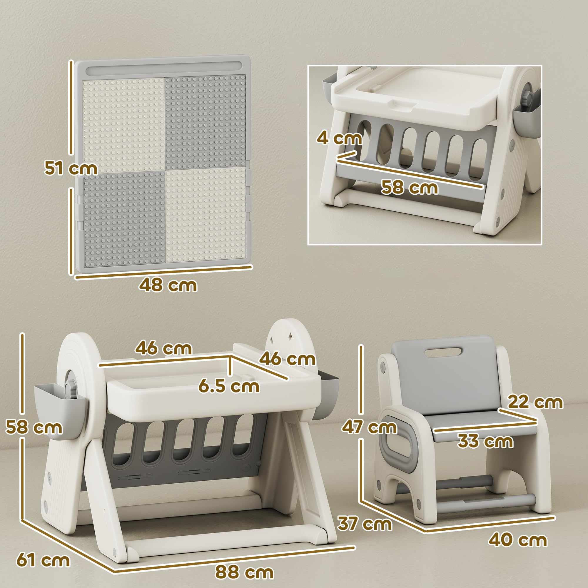 AIYAPLAY Set Tavolo e Sedia Bambini 3 in 1 con Tavolo da Costruzione | Lavagna, Cavalletto Convertibile, Contenitori, Tavolino Multiattività con Sedia in Plastica, 2-4 Anni, Cameretta