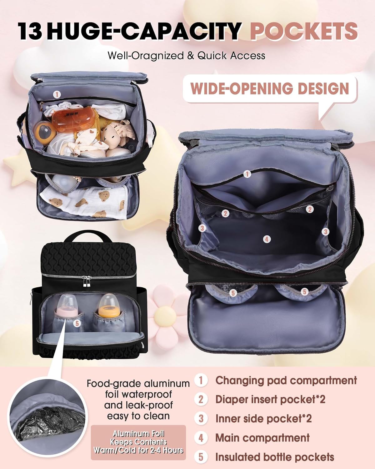 Baby Diaper Bag Backpack, Expandable Baby Bag for Girl Boy, Travel Diaper Backpack with Insulated Pocket, Changing Pad, Quilted Diaper Bag for Mom Dad, Newborn Baby Essentials Must Have Black - Image 3