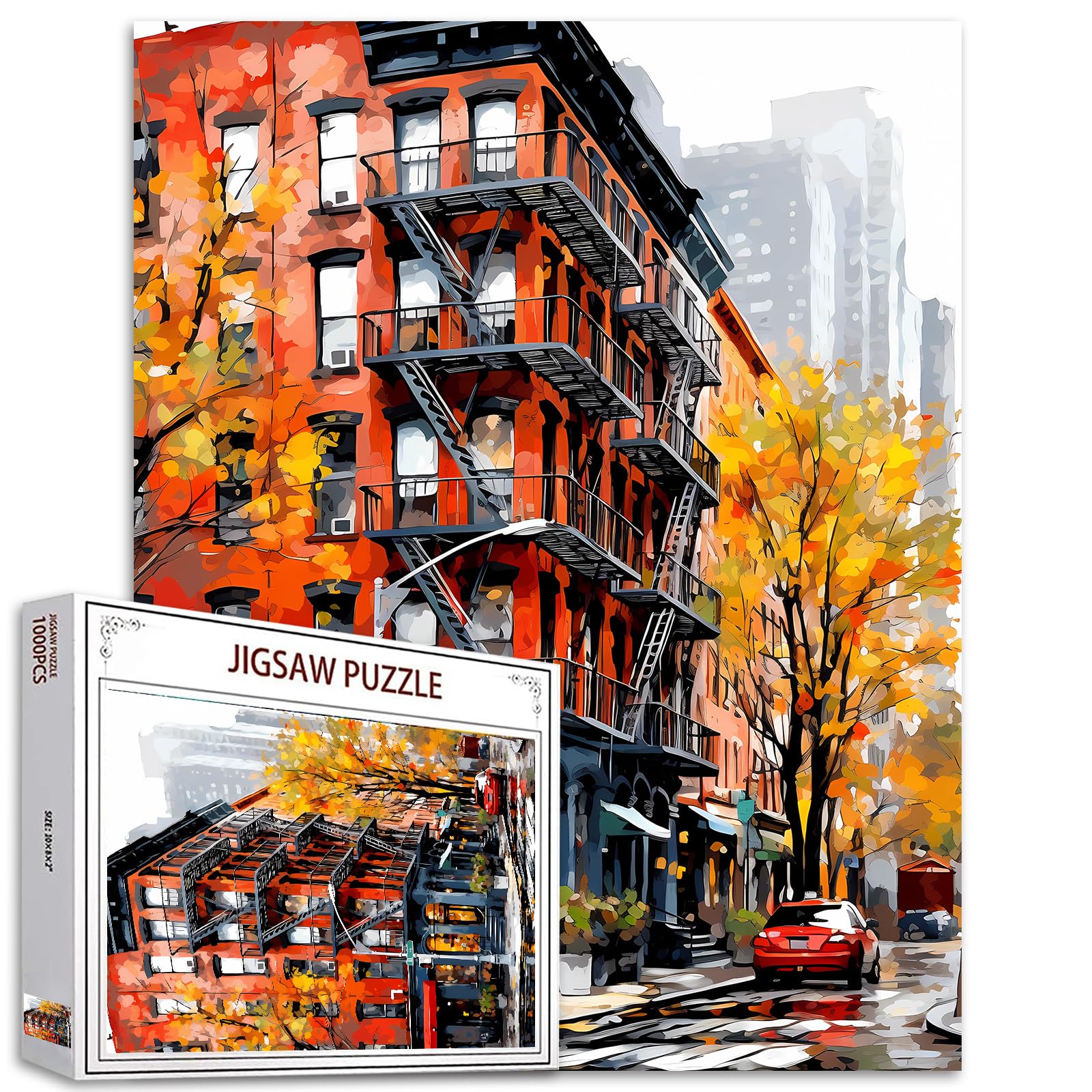 Tucocoo 1000 Piece Jigsaw Puzzles for Adults Autumn Street Landscape Jigsaw Puzzle New York Cityscape 1000 Pieces Puzzles for Challenging Family Activity Game Red Buildings Art DIY Puzzle Wall Decor โ image 1