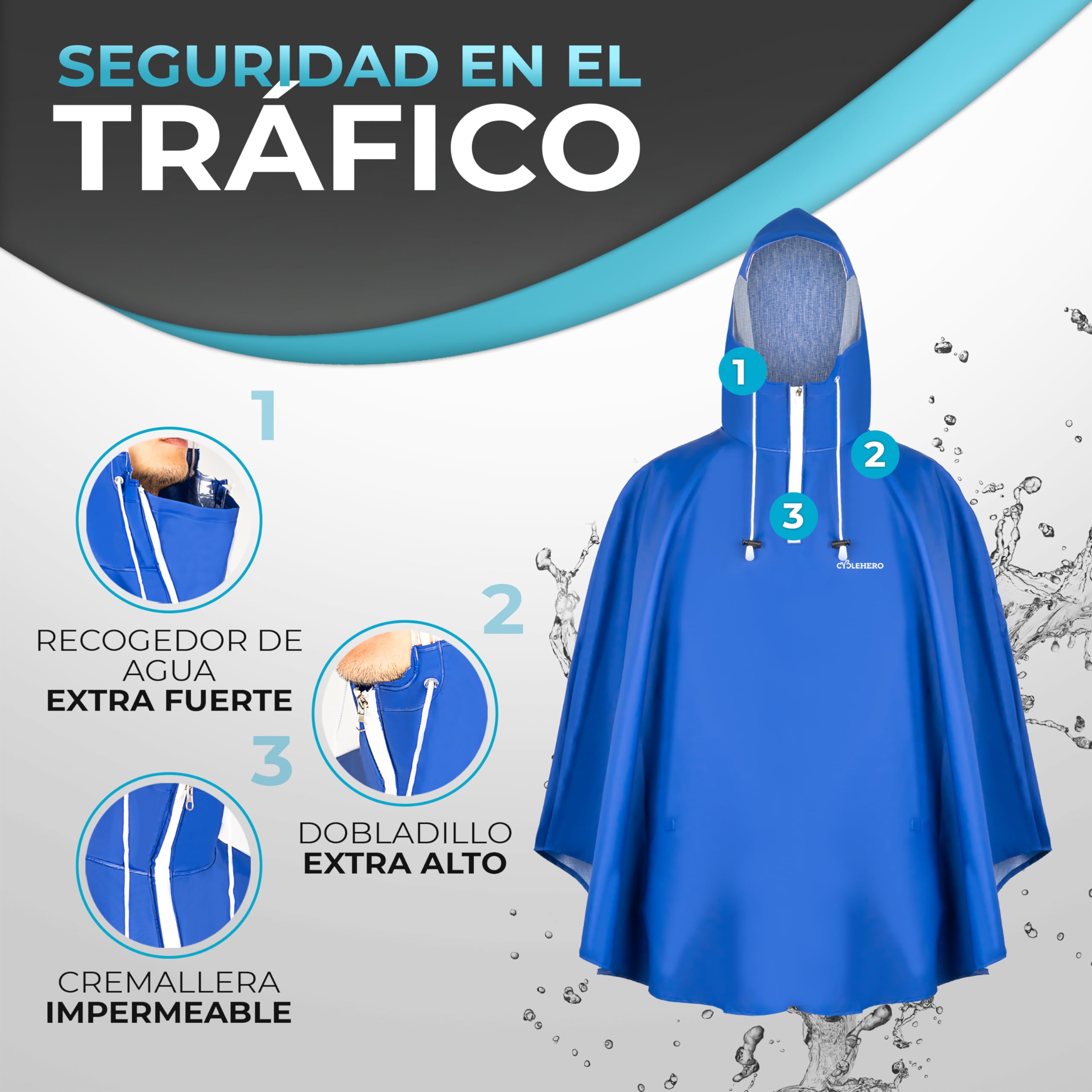 Poncho para lluvia para bicicleta prémium con capucha, incluye apertura para ver, para hombre y mujer, incluye rayas reflectantes, impermeable, color azul, tamaño large