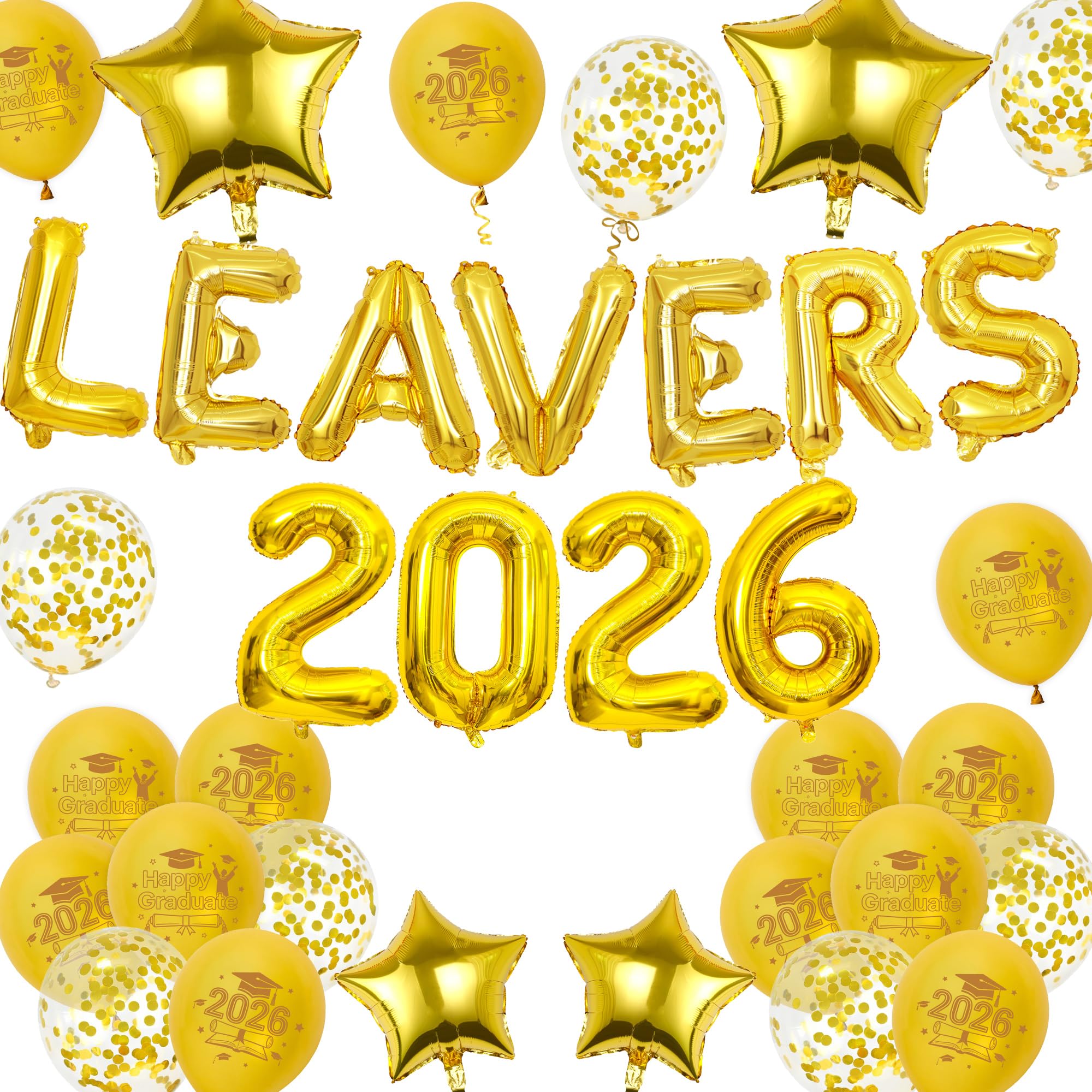Class of 2026 Graduation Decorations Balloons - 33 Pcs Gold Foil Balloon Banner Set with Letters Numbers Stars and Confetti, Leavers 2026 Decor for High School College Grad Party