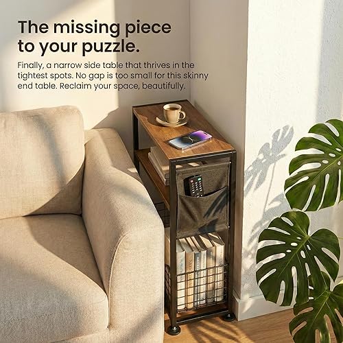 Miniatura 3 de Mesa auxiliar delgada con almacenamiento, mesas auxiliares delgadas de 3 niveles para espacios pequeños, mesa auxiliar estrecha mesita de noche