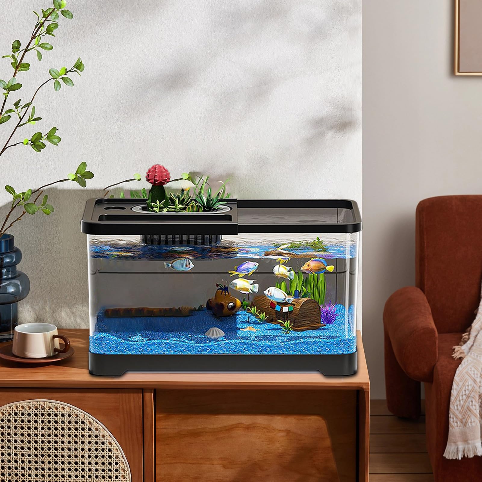 Kit De Inicio Para Acuario Mini Pecera Compacta De Vidrio De Alta | Accesorios decorativos LED para kit de acuario pequeño Para Habitación, Salón,