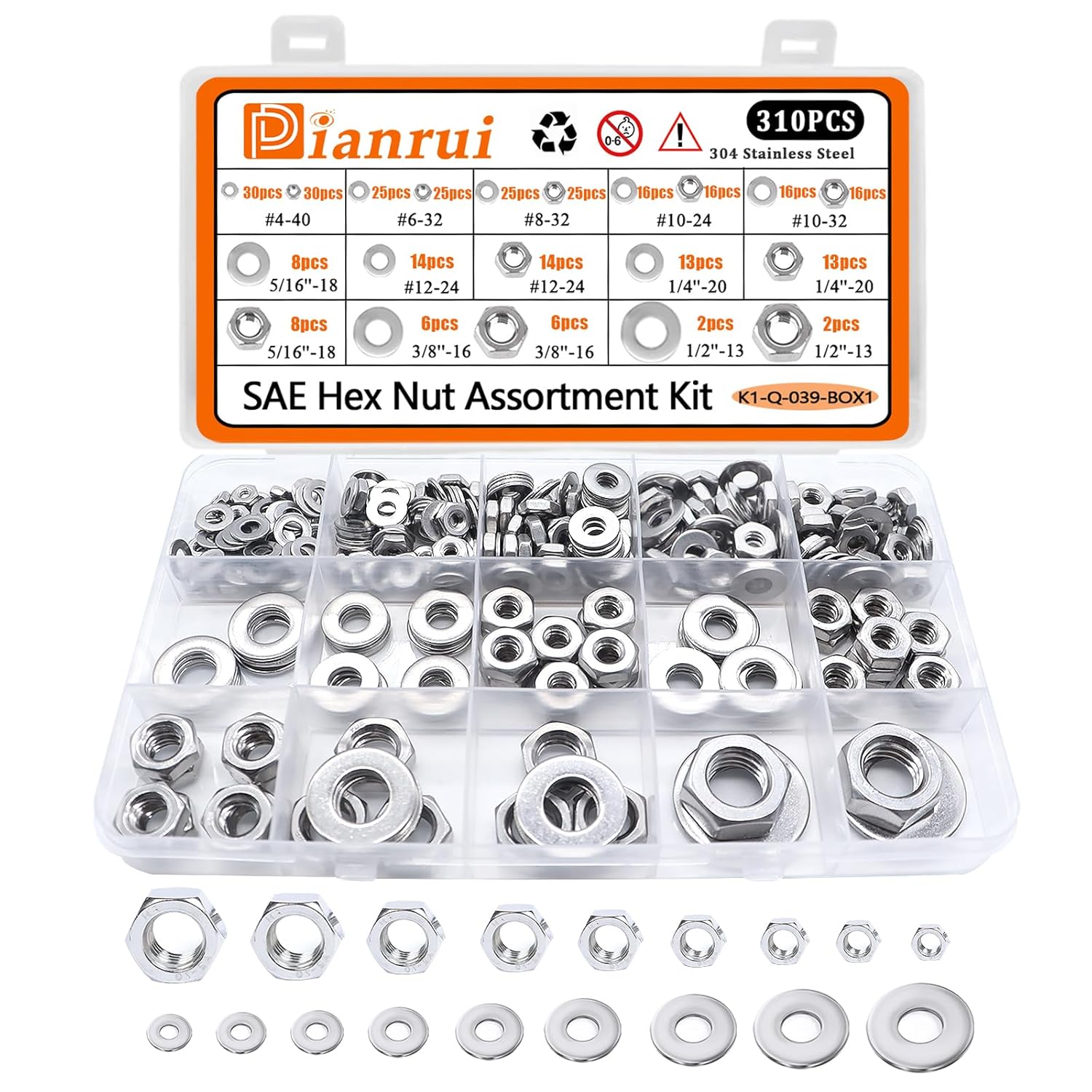 Dianrui 310PCS SAE Hex Nuts Assortment Kit with Flat Washers, 10 Size 304 Stainless Steel Hexnut Set Hardware Nuts #4-40,#6-32,#8-32,#10-24,#10-32,#12-24,1/4''-20,5/16''-18, 3/8''-16,1/2''-13