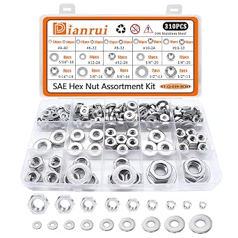 Dianrui 310PCS SAE Hex Nuts Assortment Kit with Flat Washers, 10 Size 304 Stainless Steel Hexnut Set Hardware Nuts #4-40,#6-32,#8-32,#10-24,#10-32,#12-24,1/4-20,5/16-18, 3/8-16,1/2-13