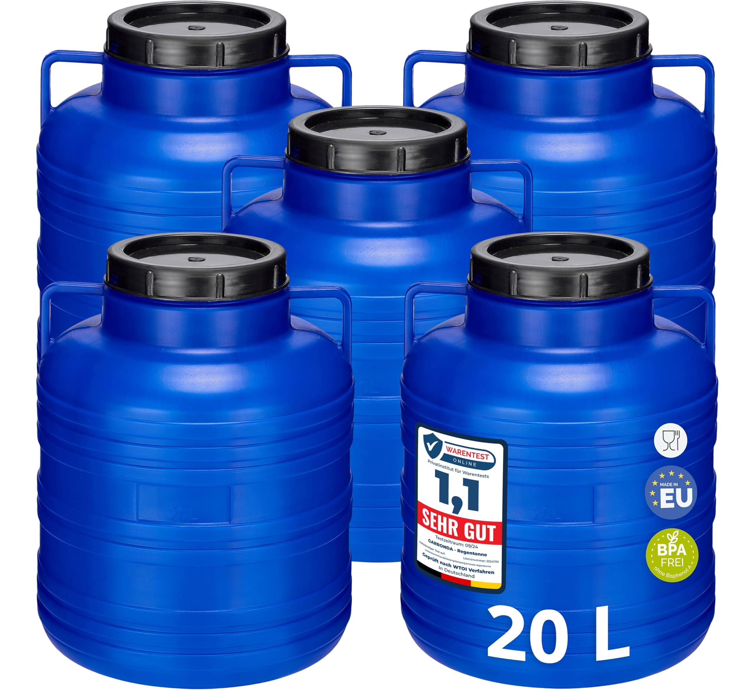 Garronda Set 5X 20 Liter Weithalsfass BPA-frei Futtertonne Fass Universalfass Lebensmittel Fass Regenfass für Garten Regentonne mit Deckel Regenwassertonne für Garten Wassertonne GD-0126 Blau