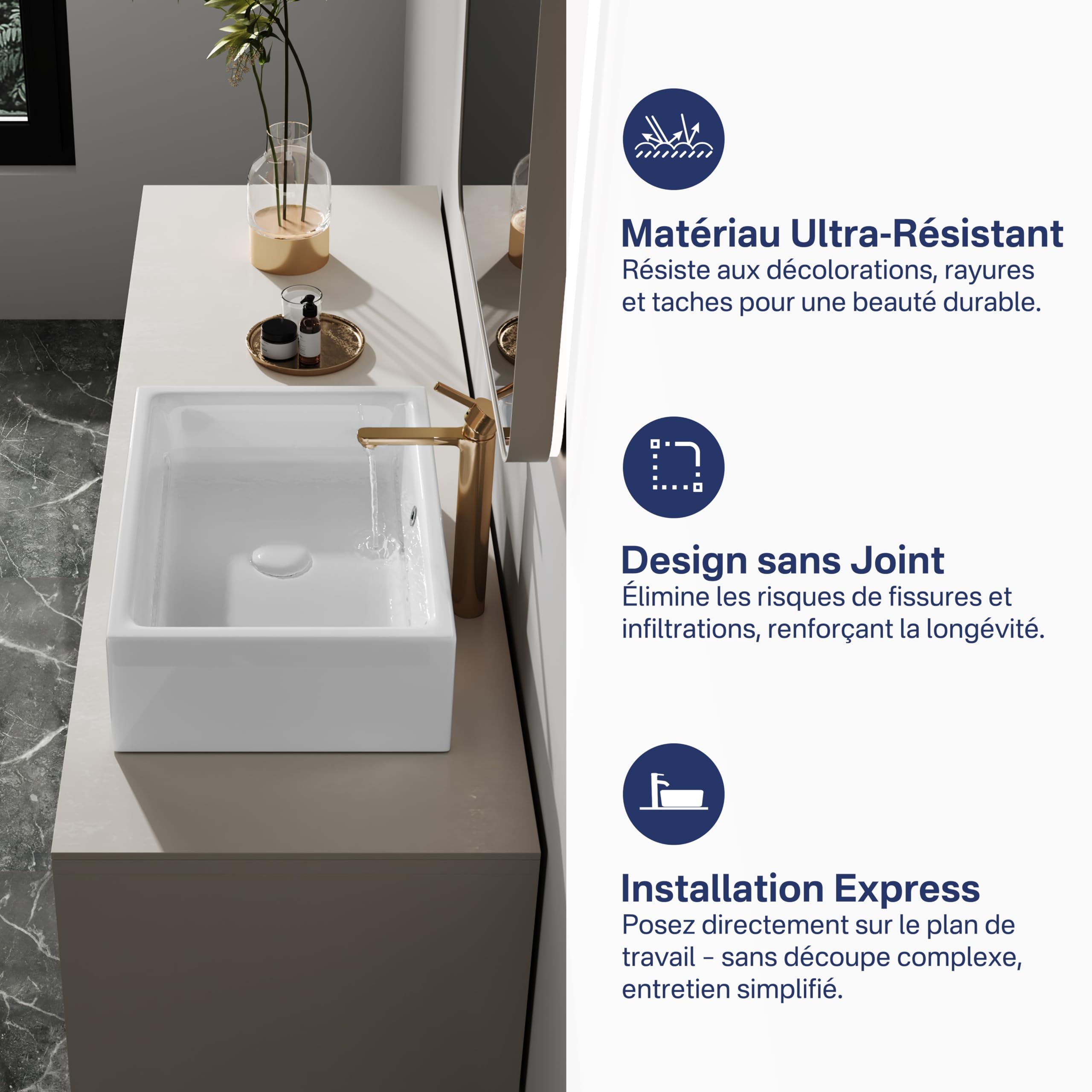 Eridanus Lavabo rettangolare in ceramica, 51 x 37 x 15 cm, lavabo da appoggio per vasca da bagno, moderno lavabo bianco, lavabo da tavolo, lavabo con foro per rubinetto, lavabo a mano