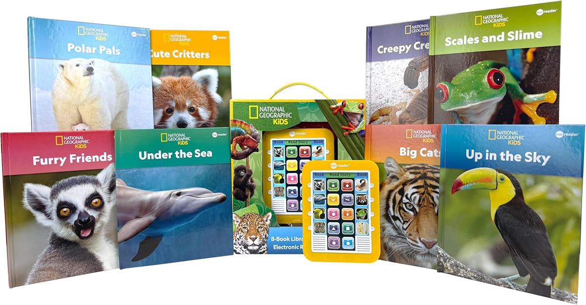 National Geographic Kids - Lector electrónico Me Reader y biblioteca de 8 libros de sonido – ¡Pandas rojos, tigres, gorilas y más! - PI Kids