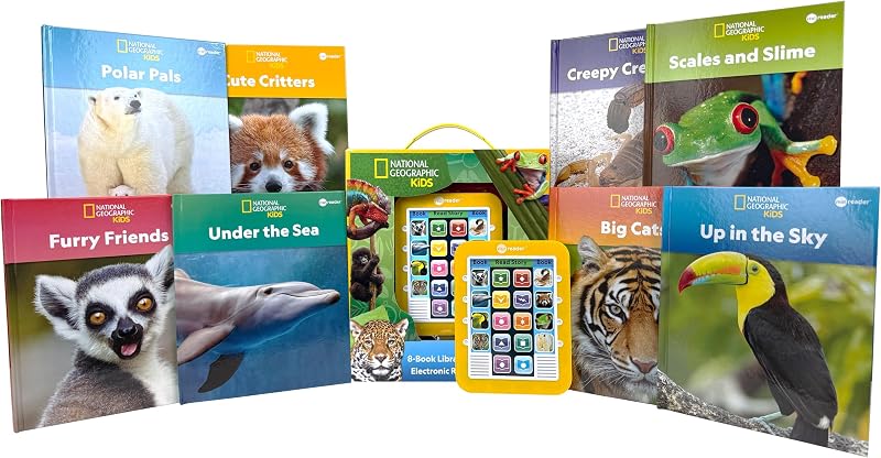 National Geographic Kids - Lector electrónico Me Reader y biblioteca de 8 libros de sonido – ¡Pandas rojos, tigres, gorilas y más! - PI Kids