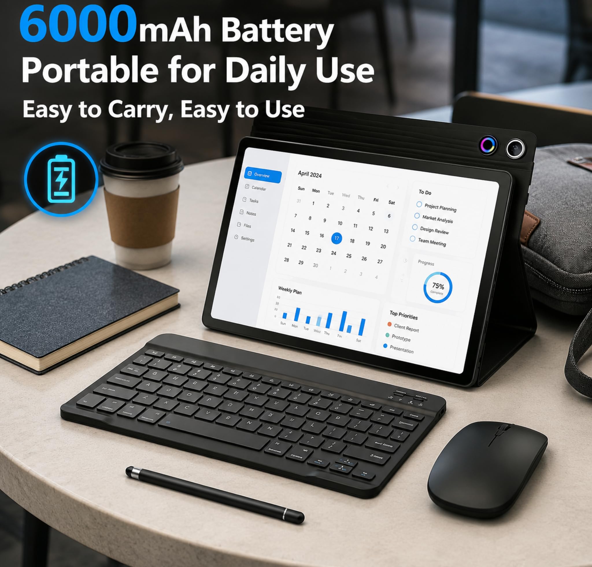Tablet Android 16 de 10.1 pulgadas con pantalla táctil IPS HD, cámara dual, almacenamiento de 64 GB de expansión de 1 TB, kit de tabletas 8 en 1 con teclado, funda protectora, mouse, lápiz óptico, BT