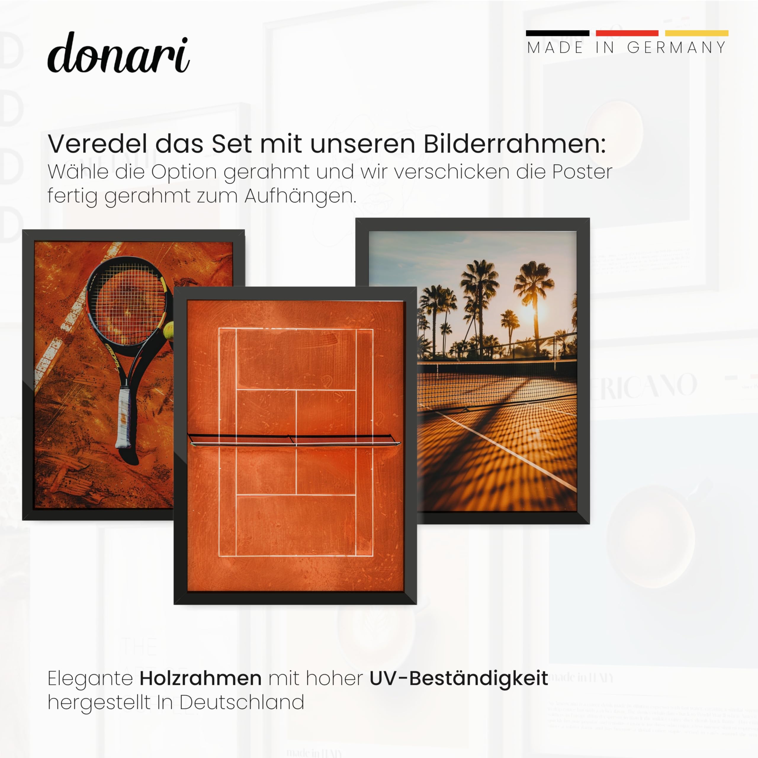 Donari Tennis Poster Set – Sportliche Wandbilder für Tennisfans | Dynamische Motive & moderner Stil | Premium-Druck | Perfekte Deko für Wohnzimmer & Sportzimmer (Set 3, 50x70 cm, Weißer Rahmen)