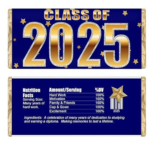 Graduation Candy Wrappers, Chocolate Bar Labels, Class of 2025, Grad Party Favors, Pack of 20 (BlueGold)