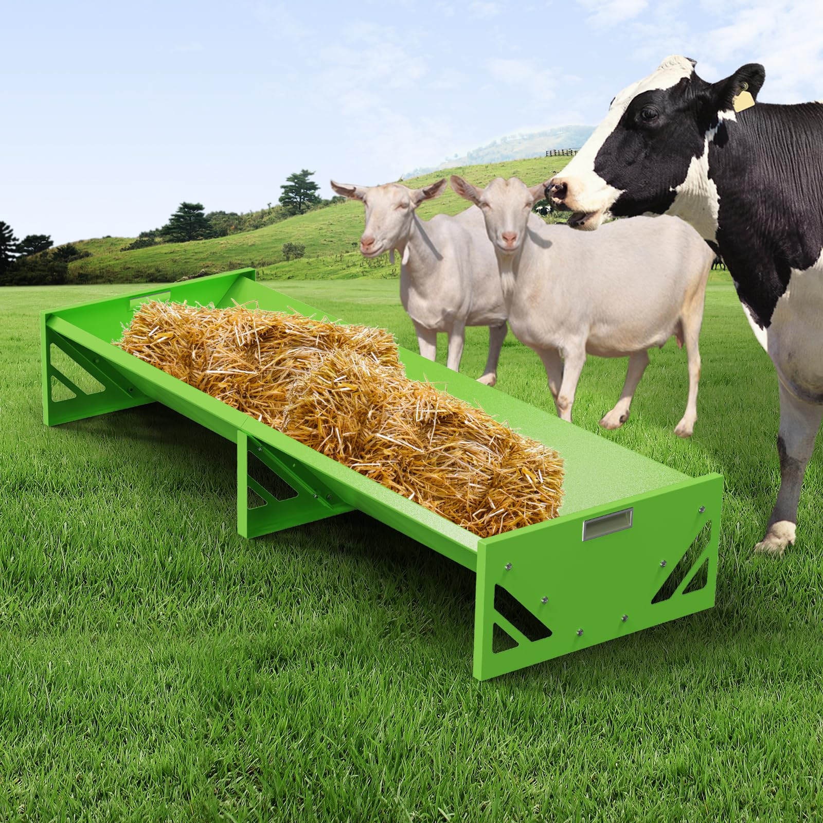 Svauouumu Goat Feeder, Acciaio Galvanizzato Livestock Alimentazione Trough Heavy Duty Grande Capacità Portatile Livestock Feeder per Aziende Agricole Alpacas Capre, vitelli, pecore, cavalli (verde)