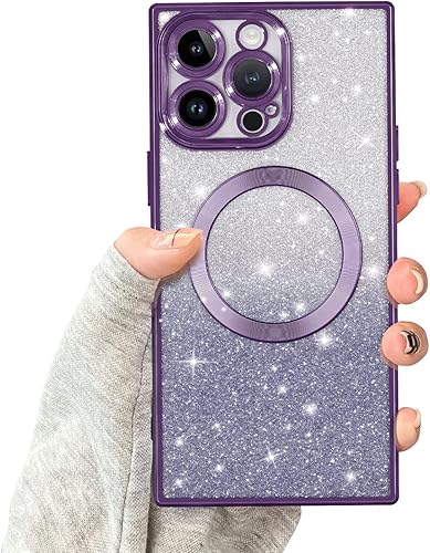Newseego Funda magnética para iPhone 14 Pro Max, funda cuadrada transparente de lujo con borde chapado en purpurina con MagSafe para mujeres y Newseego Funda magnética para iPhone 14 Pro Max, funda cuadrada transparente de lujo con borde chapado en purpurina con MagSafe para mujeres y