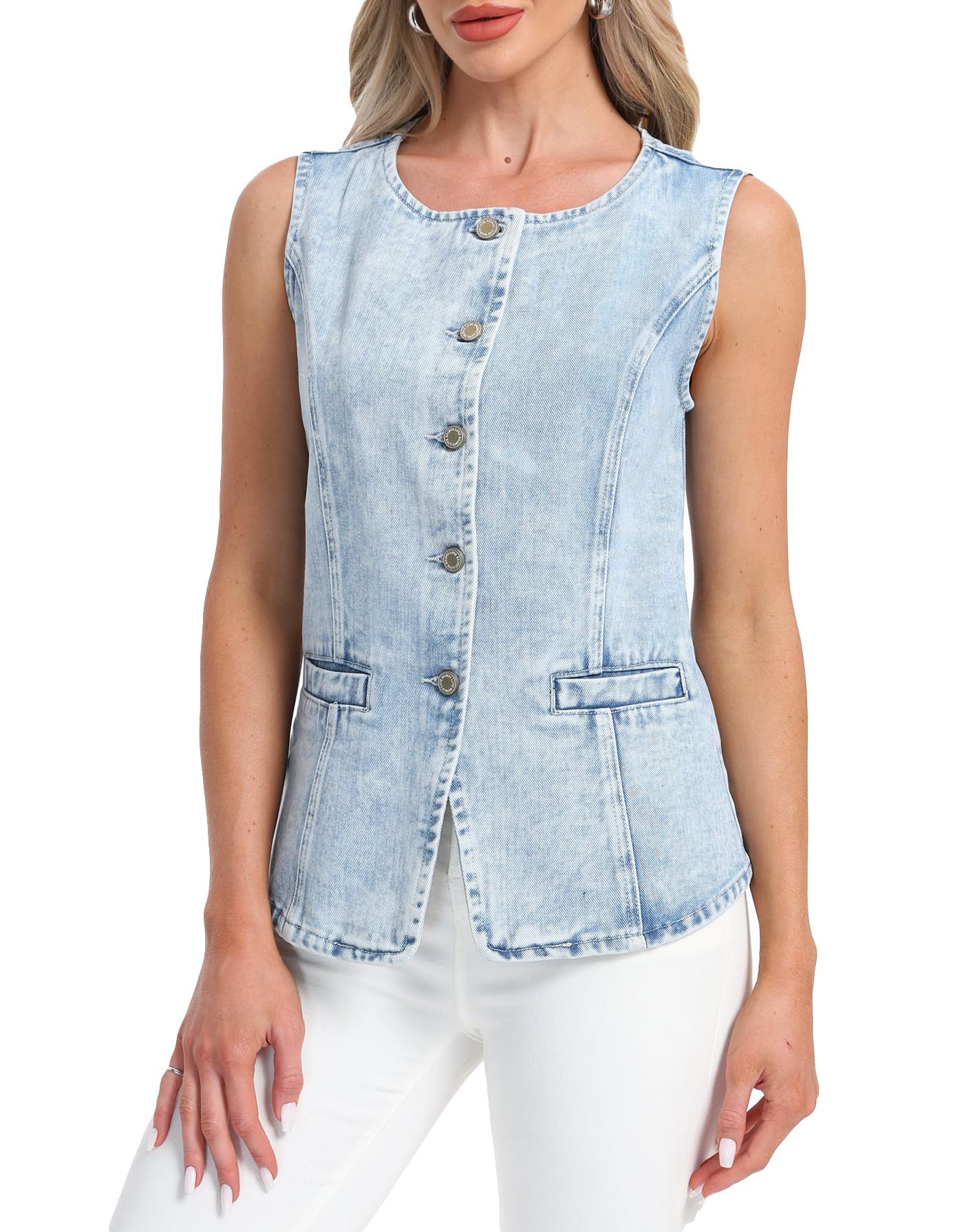Ladyful Damen-Denim-Weste, Knopfleiste, Jeans, Tank-Top, ärmellos, Rundhalsausschnitt, Jeansweste mit Taschen