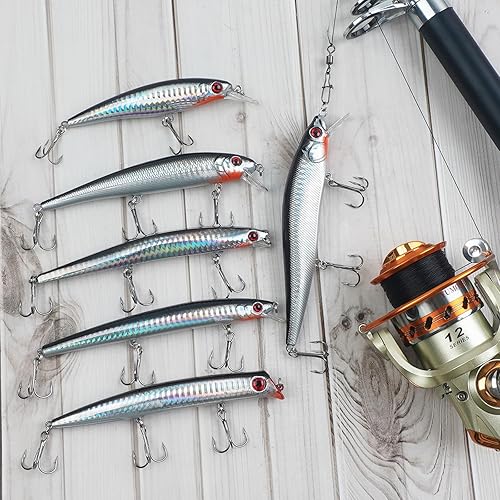 Miniatura 7 de Kit de señuelos de pesca de agua salada de 5 pulgadas, tapones de minnow Topwater Crankbaits Popper Jerkbait con ganchos agudos, señuelos de pesca