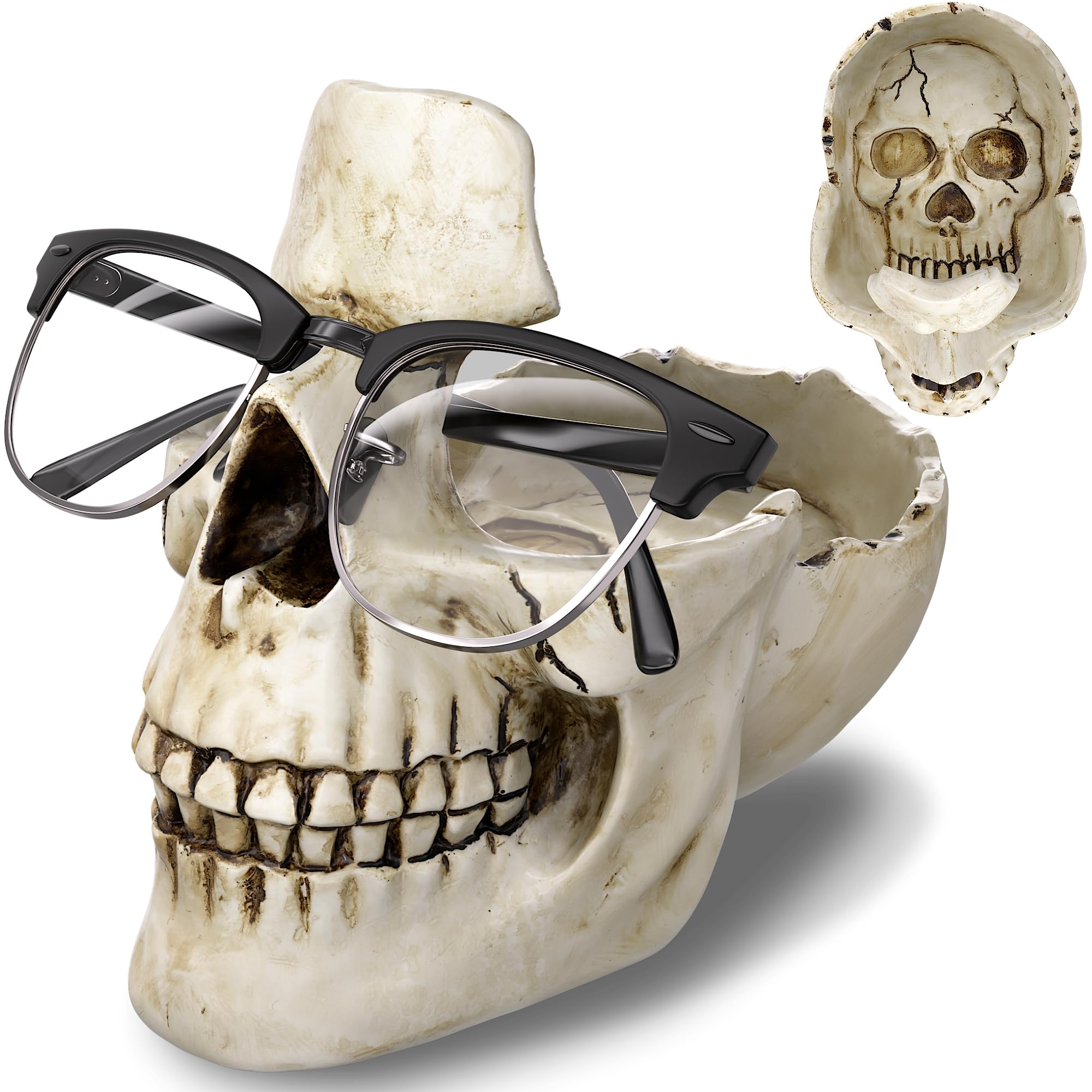 Skull Glasses Stand Holder, Creative Eyeglasses Holder, Sunglasses Spectacle Display Rack, Key Holder Resin Sculptures for Entryway, Home, Office, Desk, Nightstand (White)