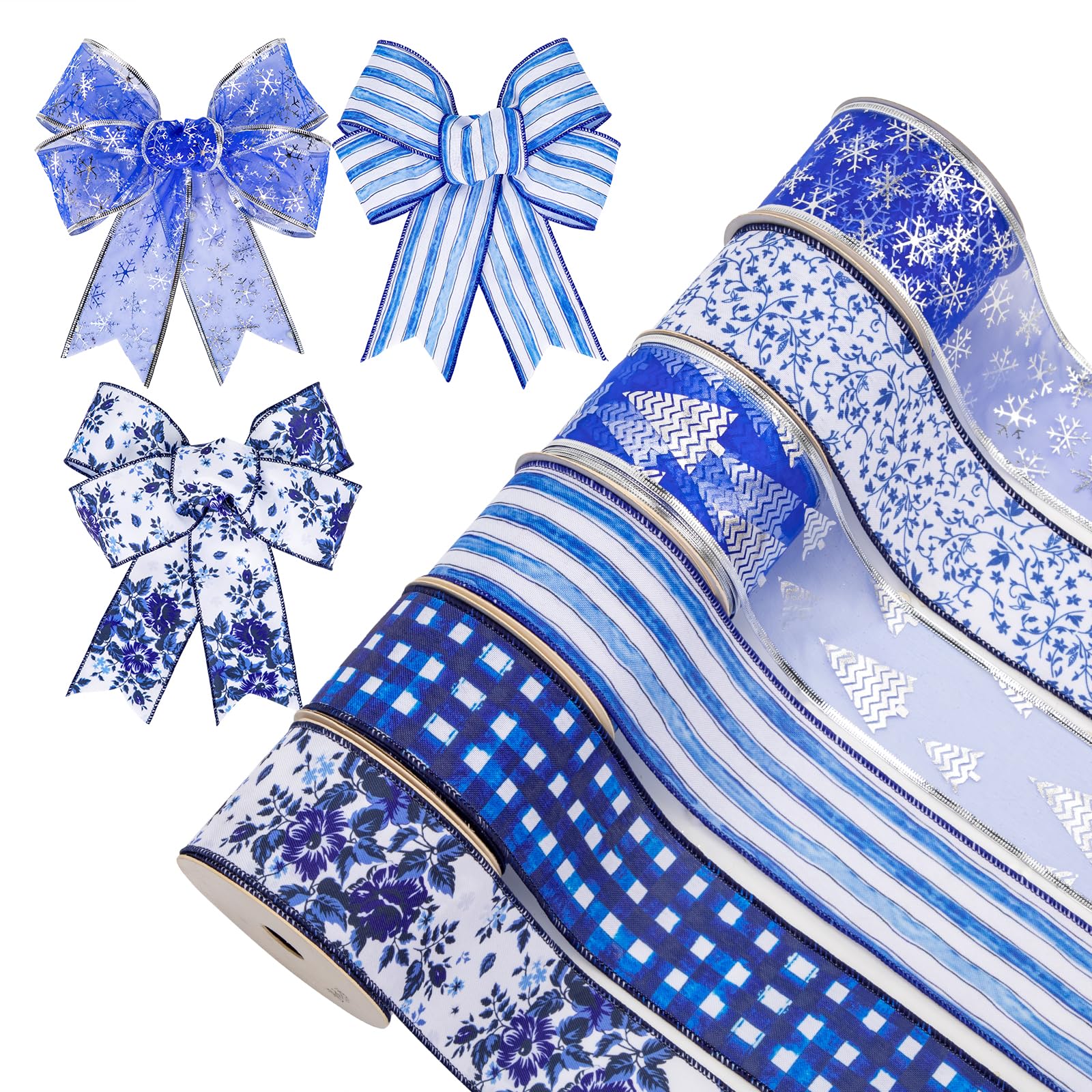 hollyone blue and white christmas ribbon wired blue christmas tree snowflake plaid burlap ribbons for gift wrapping crafts xmas tree wreath garland bow decor, 2.5 inch x 6 rolls total 30 yards