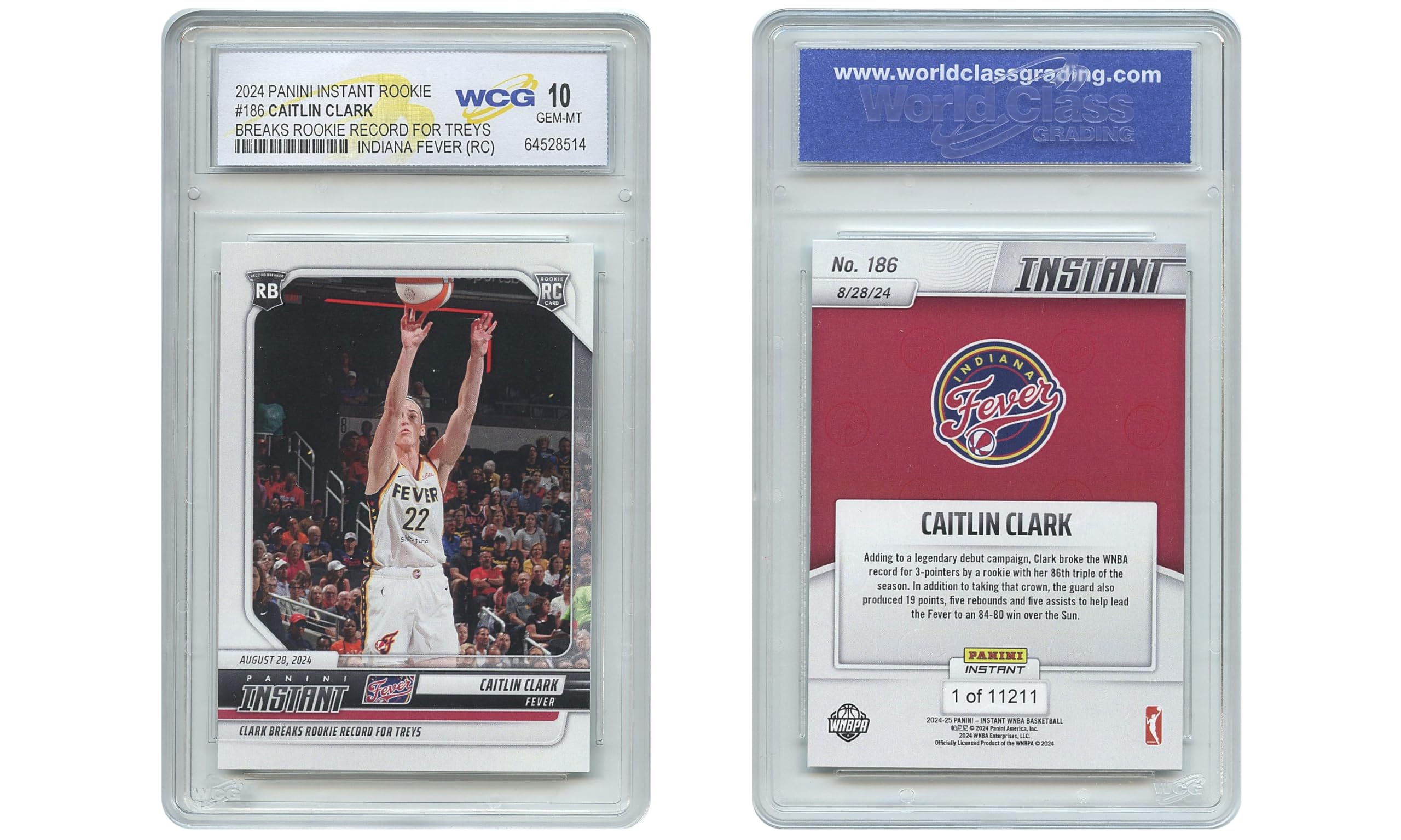 2024 Panini Caitlin Clark RC Record for 3-Pointers #186 Rookie Card - Graded GEM Mint 10