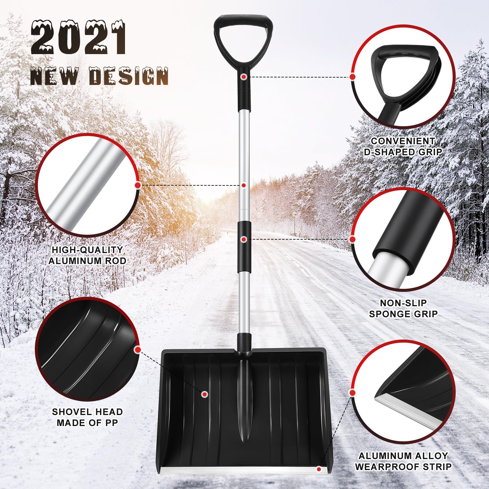 Luxshiny Pala da Neve con Manico Regolabile d Ergonomico, Capacità Ampia in Alluminio e Pp Resistente, per Rimuovere Neve e Ghiaccio da Strada e Giardino