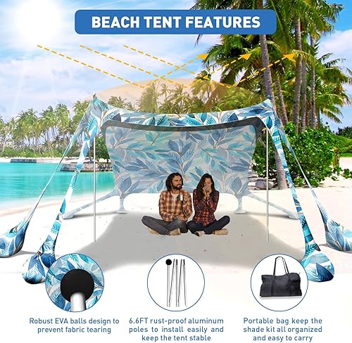 Miniatura 10 de Toldo de playa desplegable de 10 x 10 pies, refugio solar portátil familiar UPF50+ con 8 sacos de arena, 2 palas de arena, 4 postes de aluminio,