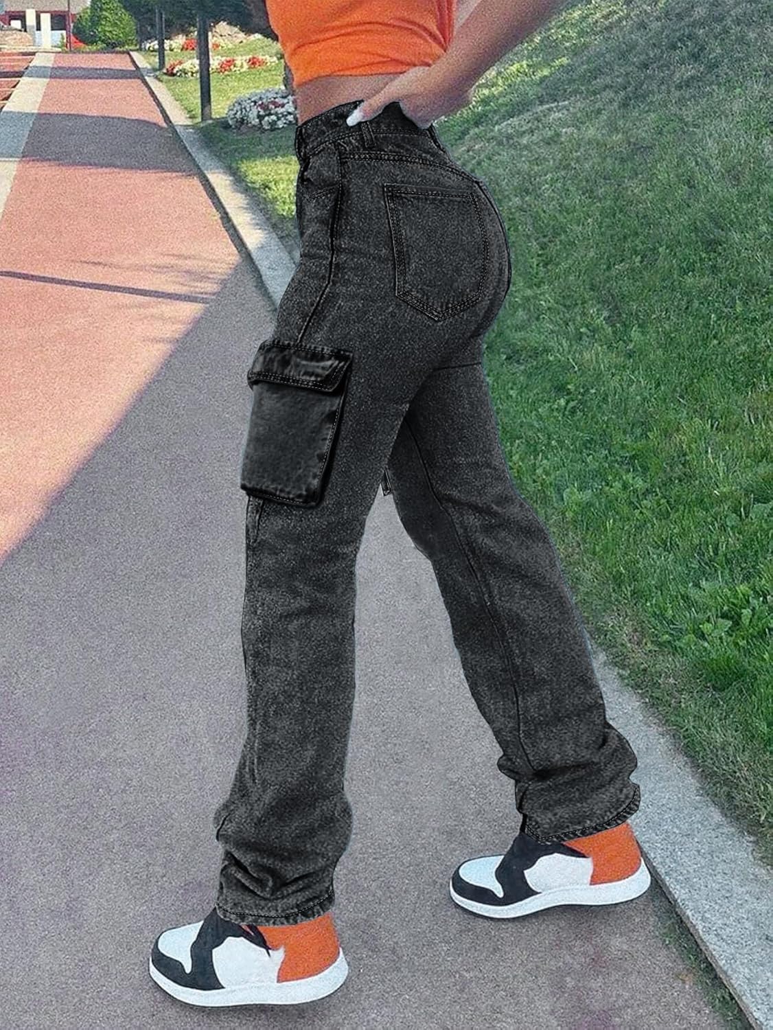 Women's Cargo Jeans High Waisted Straight Leg Denim Pants Y2K Streetwear Trousers - Image 2