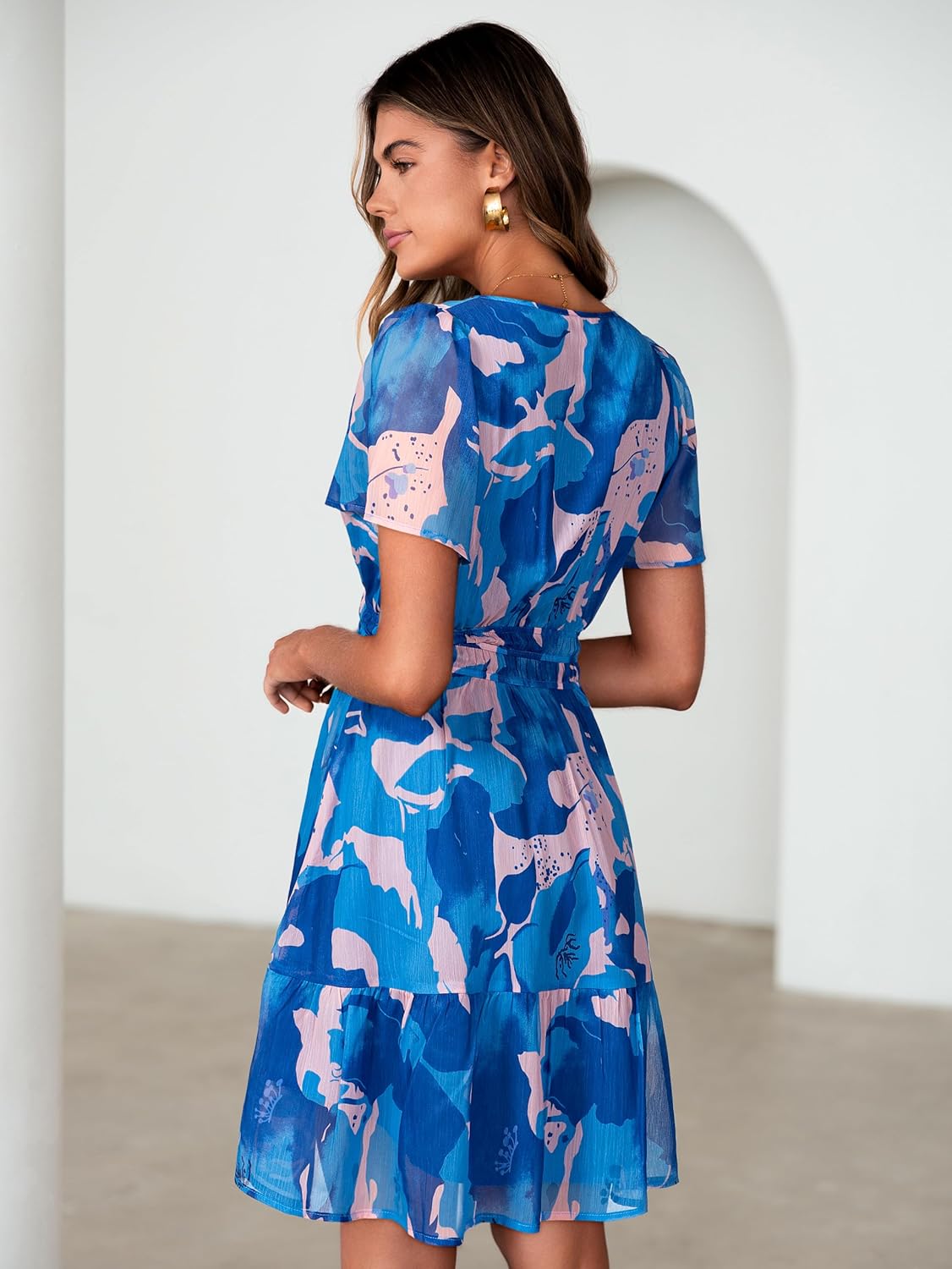 Simplee Women 2026 Floral Summer Short Dress Short Sleeves V Neck Chiffon A-Line Casual Flowy Boho Mini Dresses - Image 3