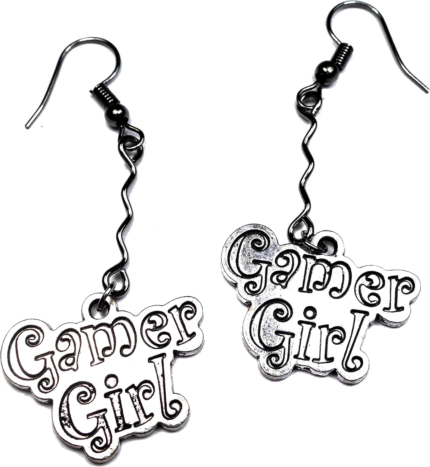 Silver Tone Gamer Girl Charm on Wavy Connector Dangle Earrings, Video Game Player Geek Jewelry Gift