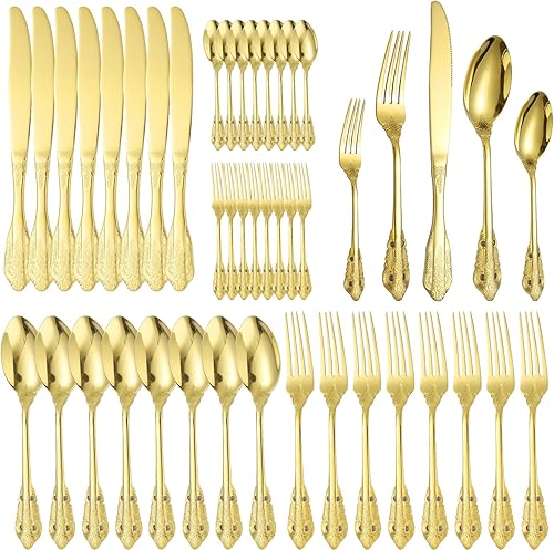 Miniatura 5 de A  HOUSEWARE Gold Silverware Set for 8 Palace Antique Baroque Stainless Steel Flatware 40 Piece Forks Knives and Spoons Heavy Duty Dishwasher Safe