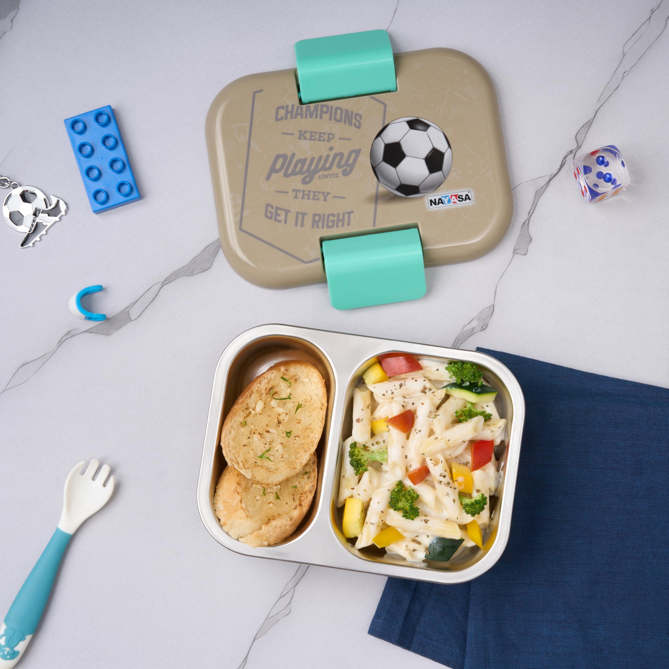 Nayasa Marco 2 Compartment Stainless Steel Insulated Lunch Box for Kids Boys | Football Champion Print | Vacuum Sealed Leak Proof Tiffin Box | 650 ml | Grey
