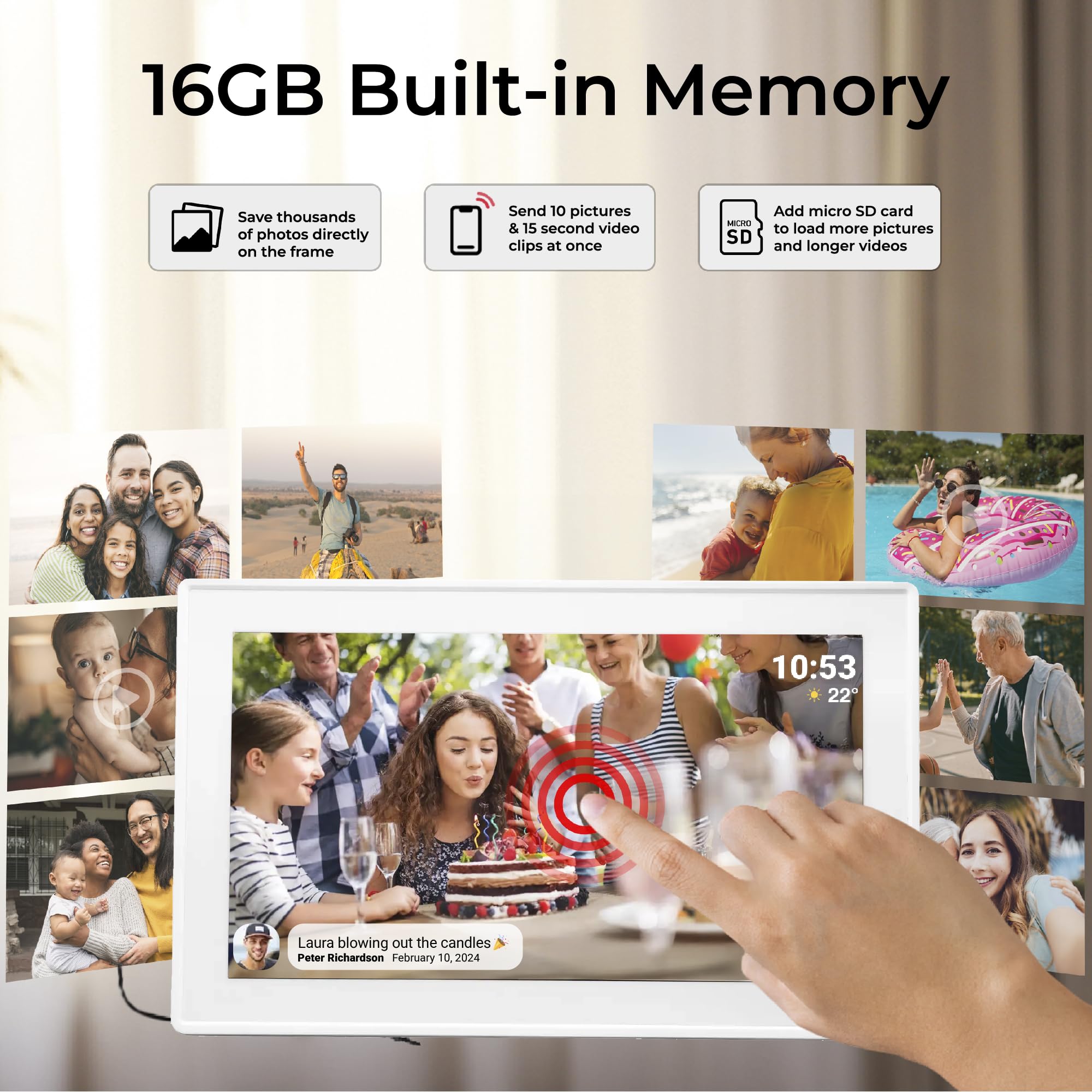 Denver PFF-1515W cyfrowa ramka na zdjęcia Wi-Fi – ekran dotykowy Full HD IPS 15,6", zintegrowane oprogramowanie FRAMEO, bezprzewodowe udostępnianie, automatyczne wyłączanie nocne, pamięć 16 GB, biała