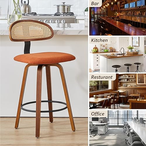 Miniatura 5 de Taburetes de bar giratorios de altura de mostrador, taburetes de bar tapizados de 26 pulgadas con respaldo de ratán, marco de madera curvada, sillas