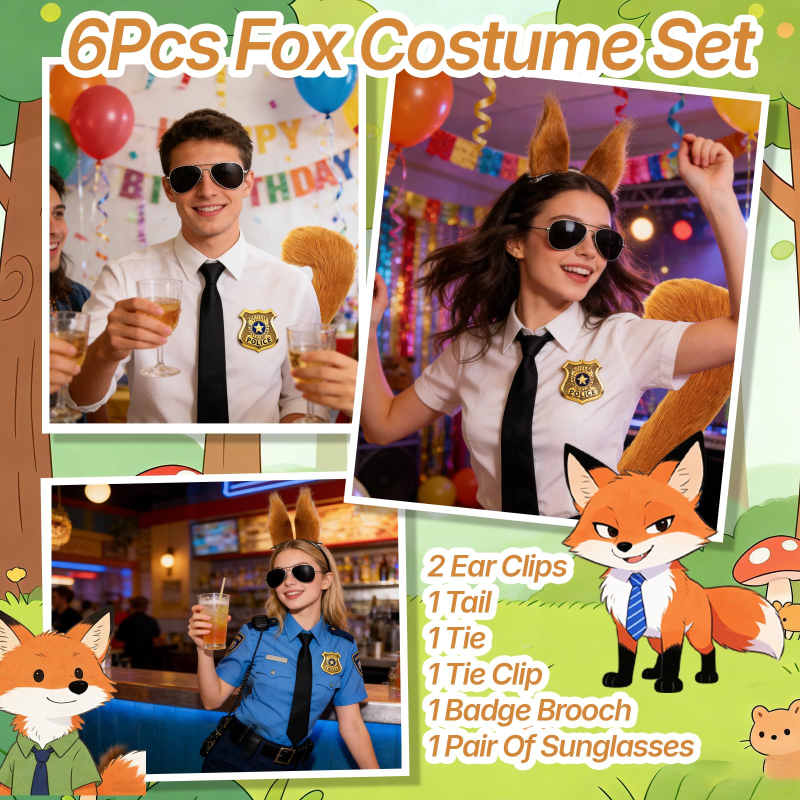 Atomvia Fox Costume Accessories 6 PCS, Fox Ears Clips Tail Tie Sunglasses Badge Set - Image 2