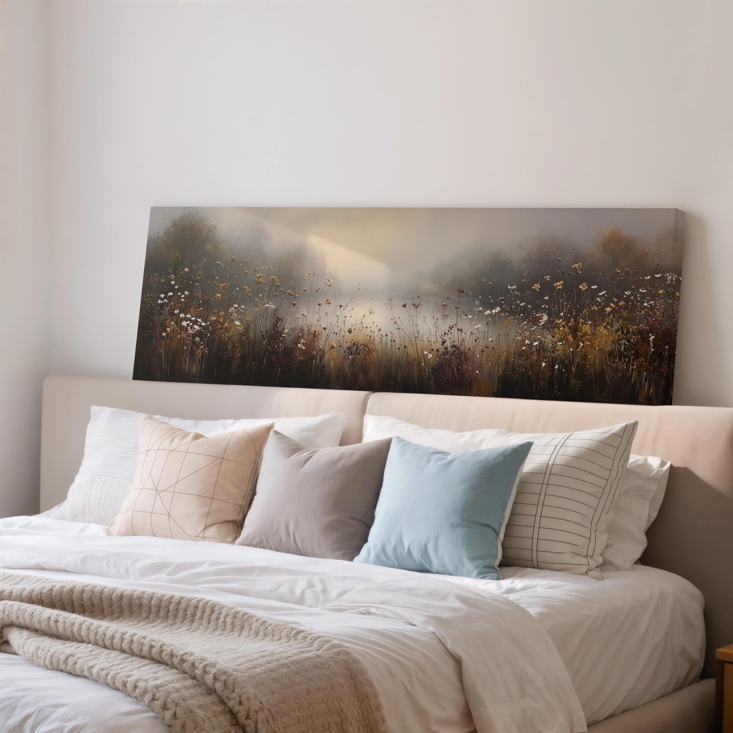 XBTYKPB Wildflower Landscape, Long Horizontal Wall Art, Wide Panoramic Canvas, Large size Tonalist Print, Rustic Farmhouse Decor(70x210cm/Frameless)