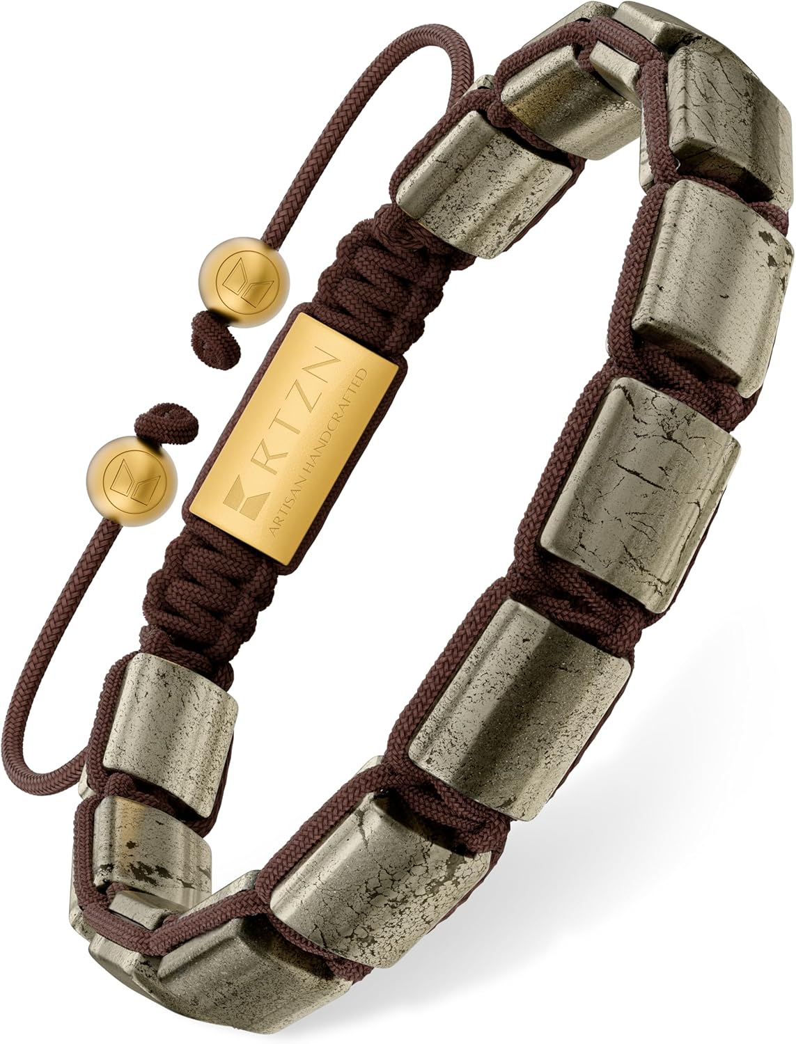 RTZN® Pyrite Bracelet for Men – Premium Artisan Handcrafted Authentic Pyrite Stone Bracelet – Adjustable 8.5mm Men Beaded Bracelet – Symbol of Strength, Good Luck & Ambition